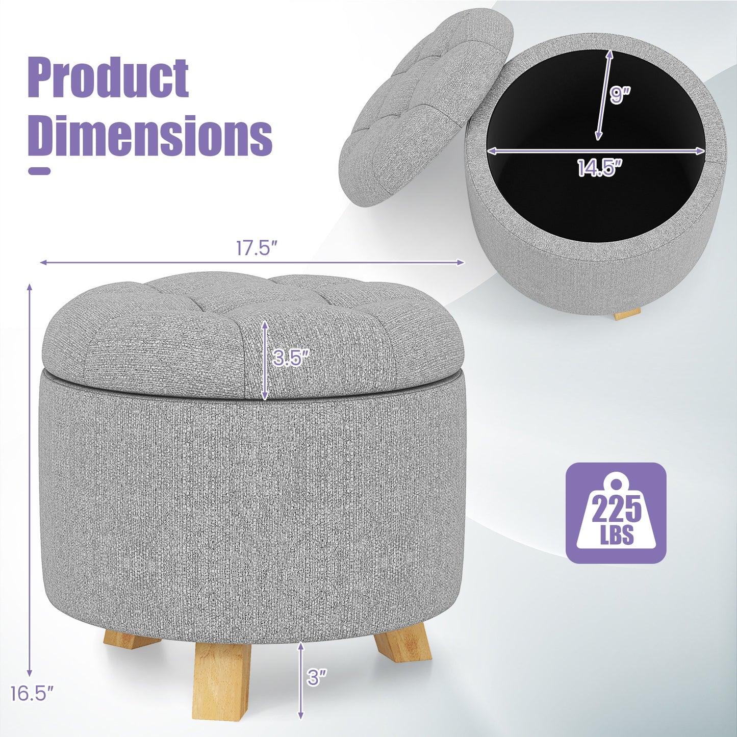Round Upholstered Storage Ottoman with Tufted Seat and Solid Rubber Wood Legs