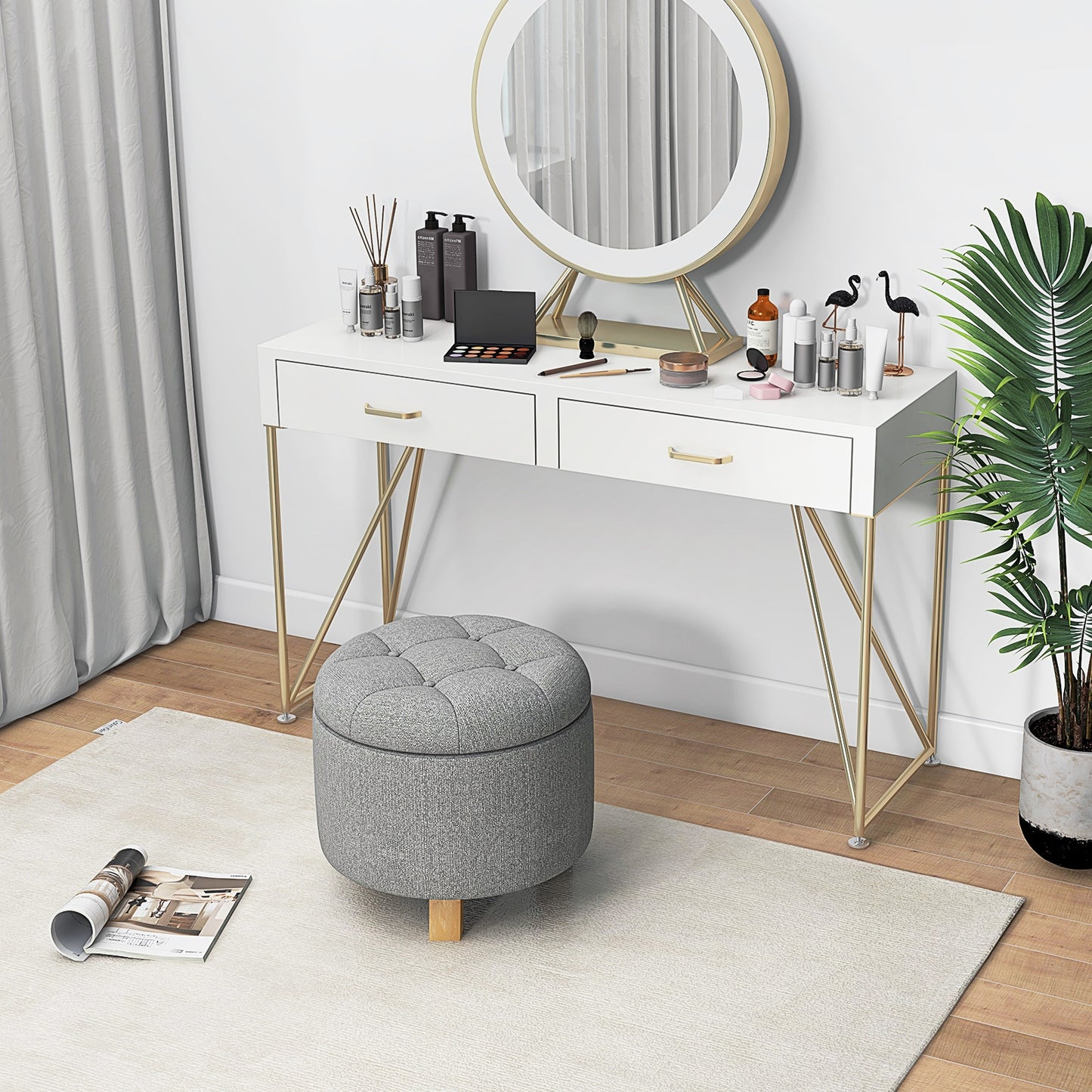 Round Upholstered Storage Ottoman with Tufted Seat and Solid Rubber Wood Legs