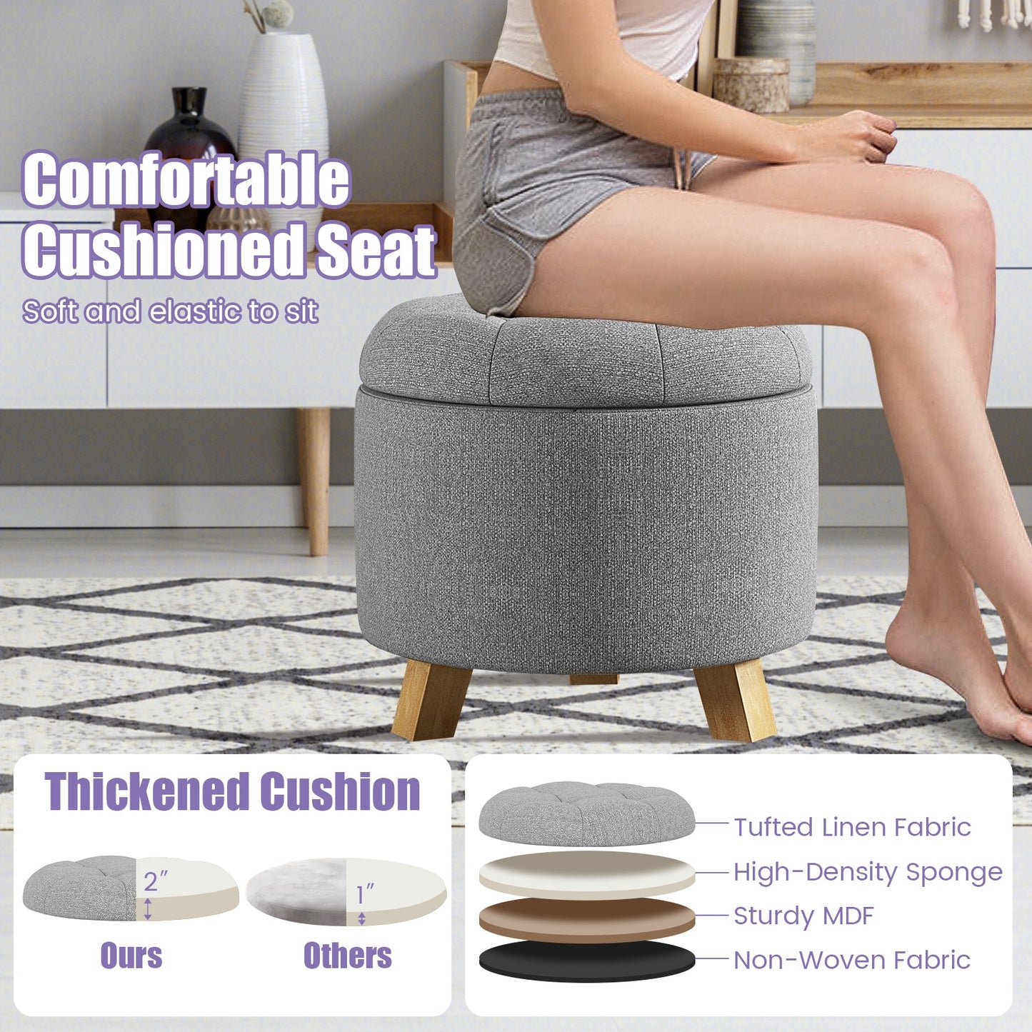 Round Upholstered Storage Ottoman with Tufted Seat and Solid Rubber Wood Legs