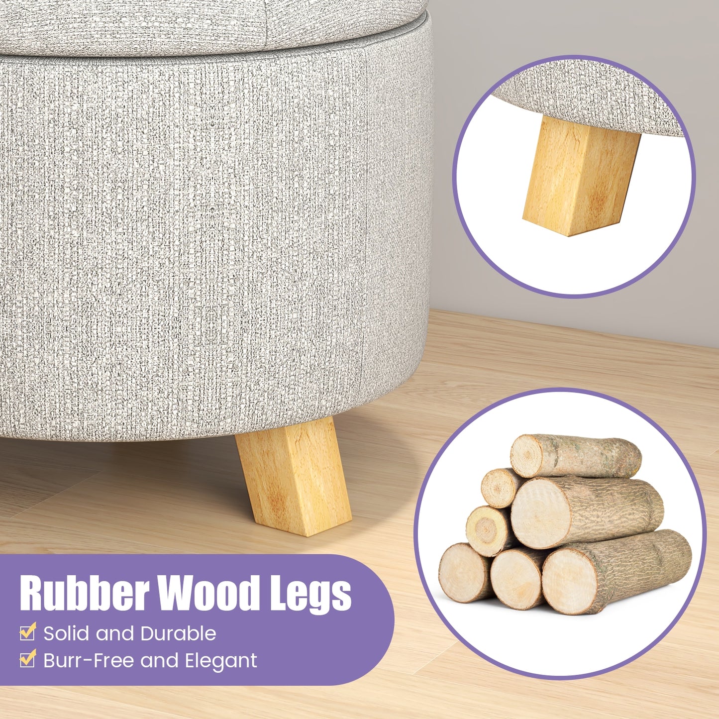Round Upholstered Storage Ottoman with Tufted Seat and Solid Rubber Wood Legs