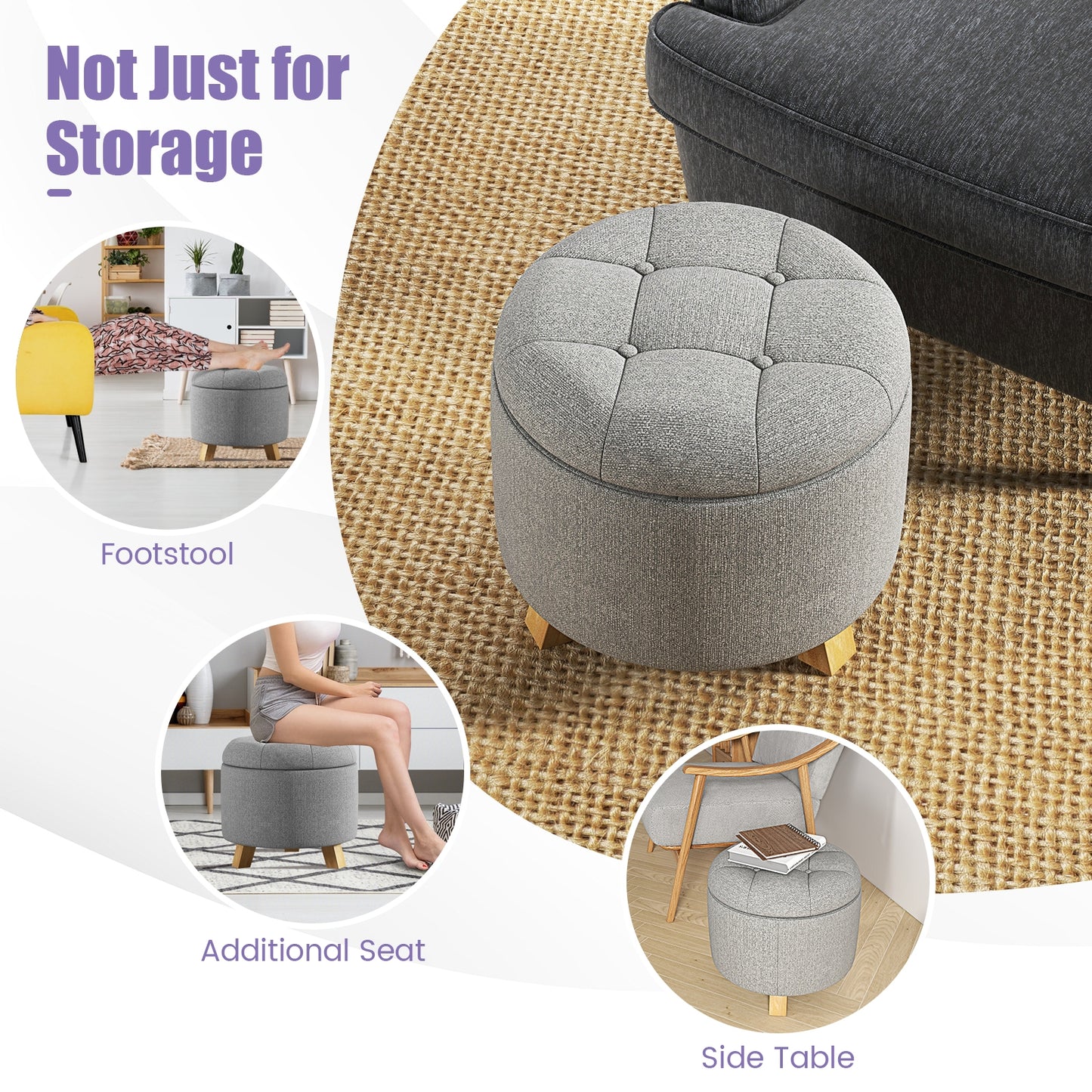 Round Upholstered Storage Ottoman with Tufted Seat and Solid Rubber Wood Legs