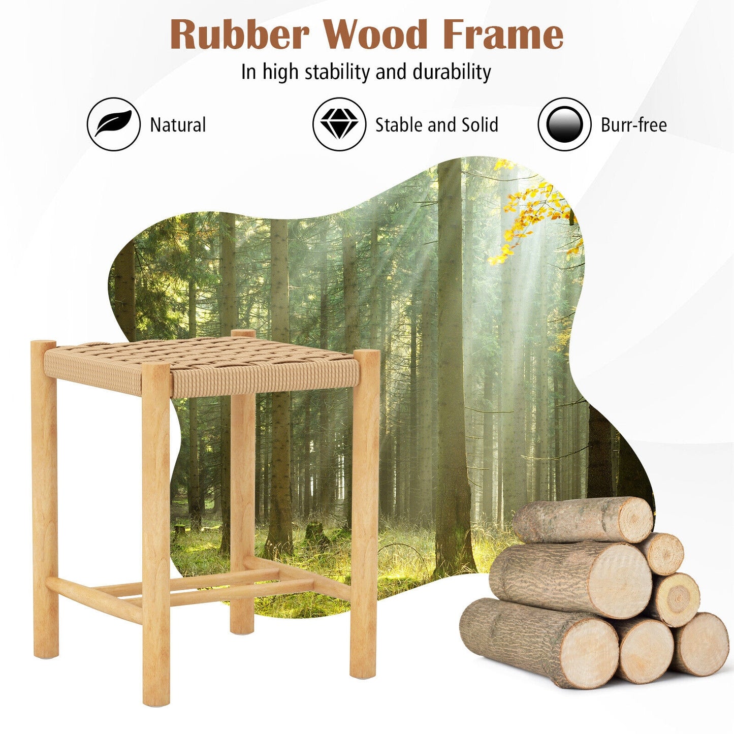 Pair of Wooden Dining Stools with Handwoven Rope Seats and Rubber Wood Frame