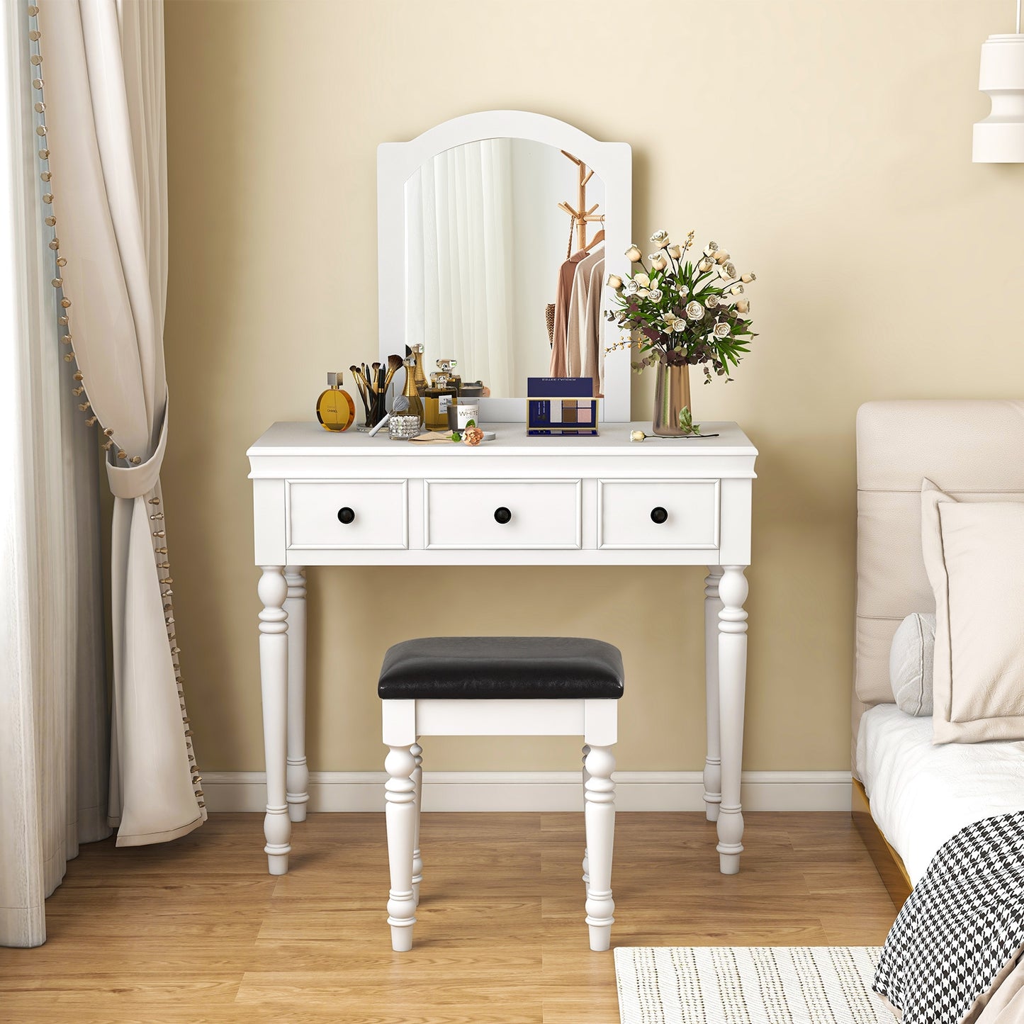3 Drawer Makeup Vanity Table with Cushioned Stool and Removable Mirror – White