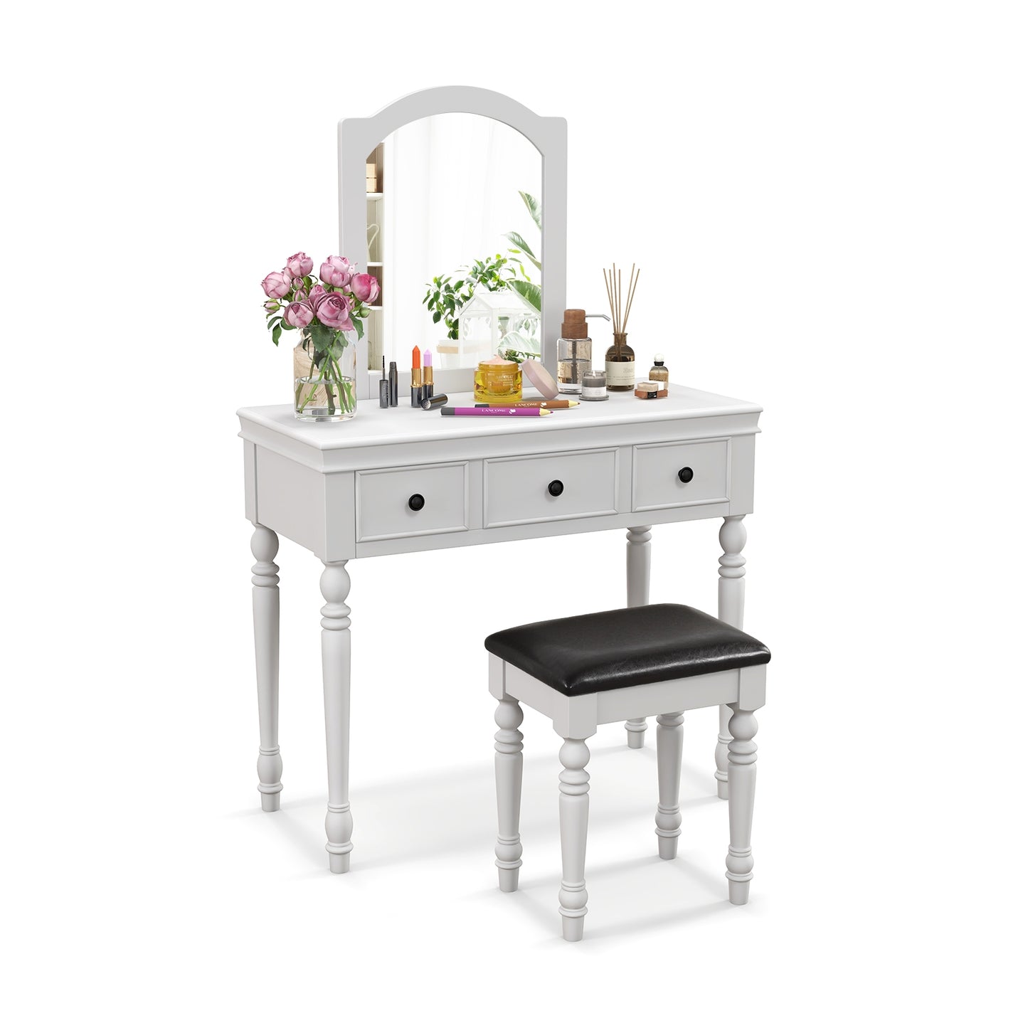 3 Drawer Makeup Vanity Table with Cushioned Stool and Removable Mirror – White