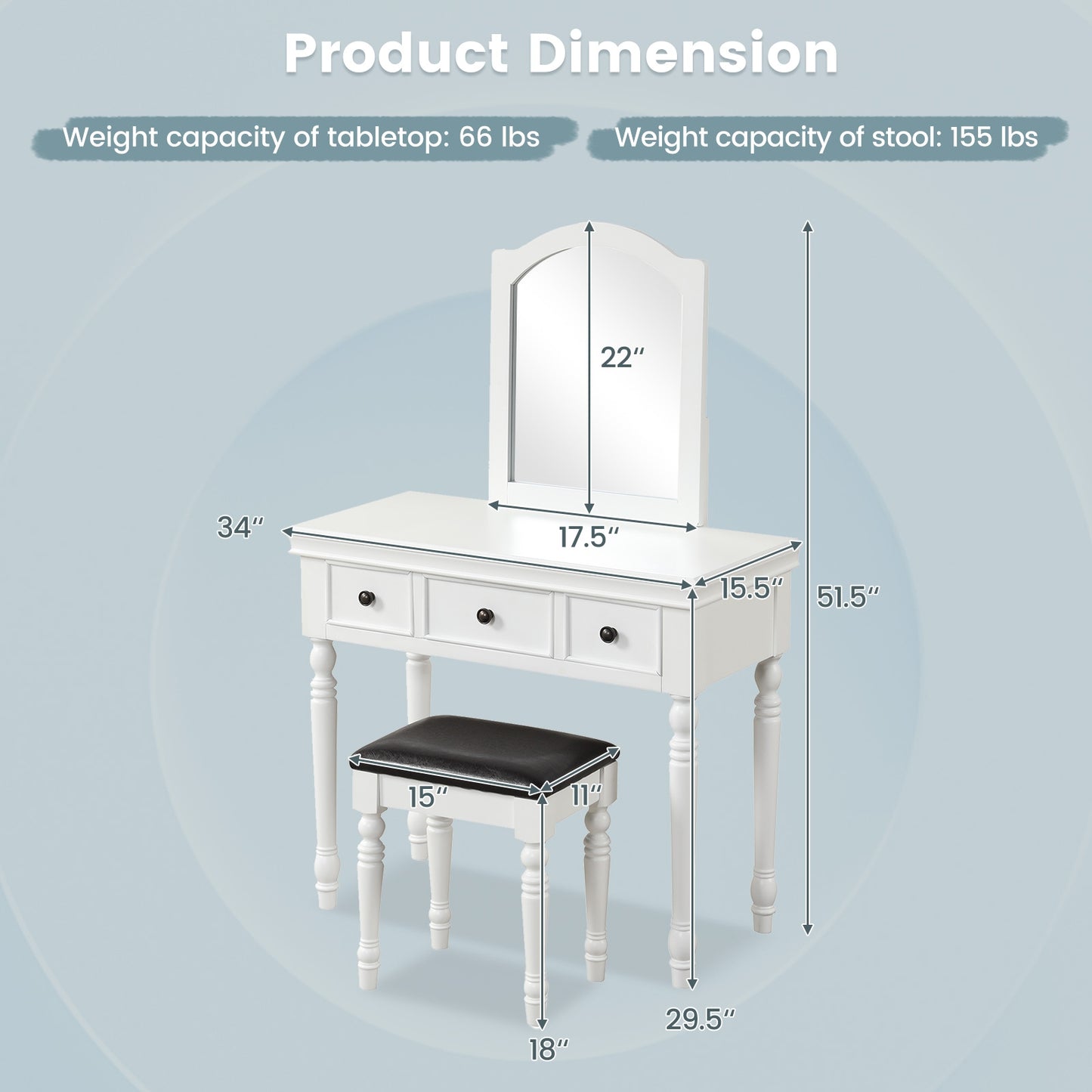 3 Drawer Makeup Vanity Table with Cushioned Stool and Removable Mirror – White