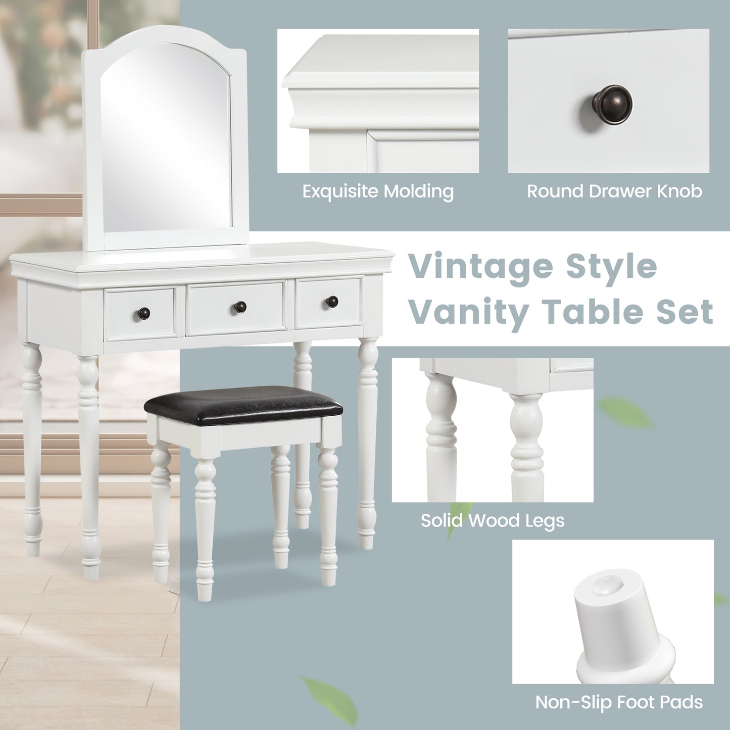 3 Drawer Makeup Vanity Table with Cushioned Stool and Removable Mirror – White
