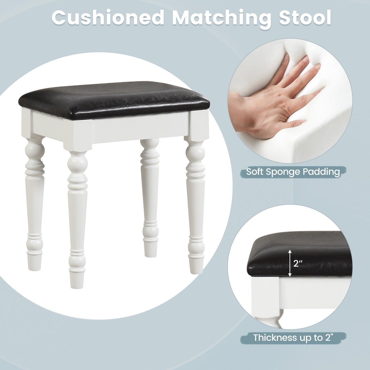 3 Drawer Makeup Vanity Table with Cushioned Stool and Removable Mirror – White