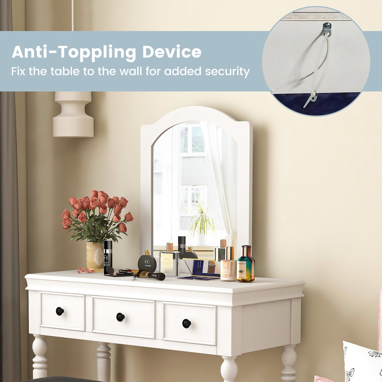 3 Drawer Makeup Vanity Table with Cushioned Stool and Removable Mirror – White