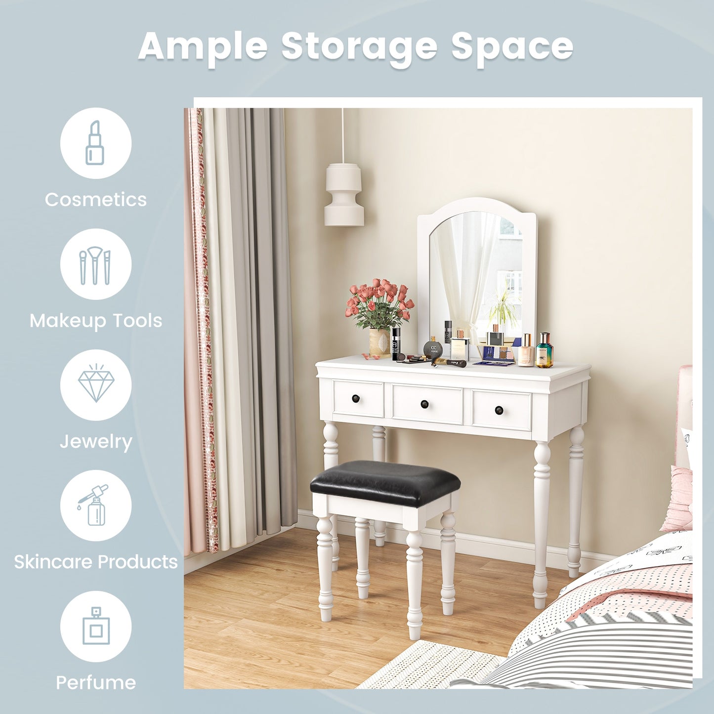 3 Drawer Makeup Vanity Table with Cushioned Stool and Removable Mirror – White