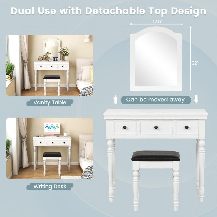 3 Drawer Makeup Vanity Table with Cushioned Stool and Removable Mirror – White