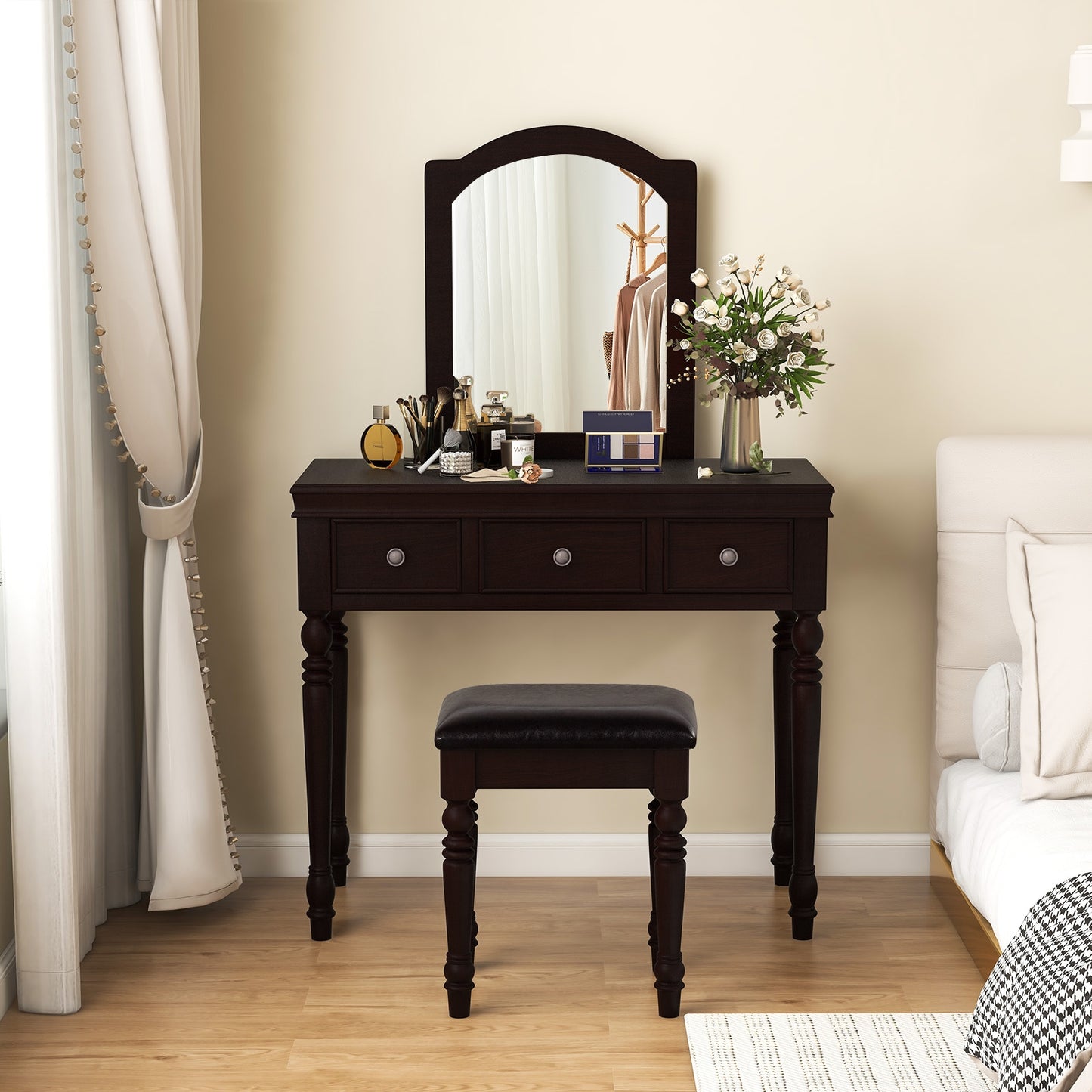 3 Drawer Makeup Vanity Table with Cushioned Stool and Removable Mirror – Walnut