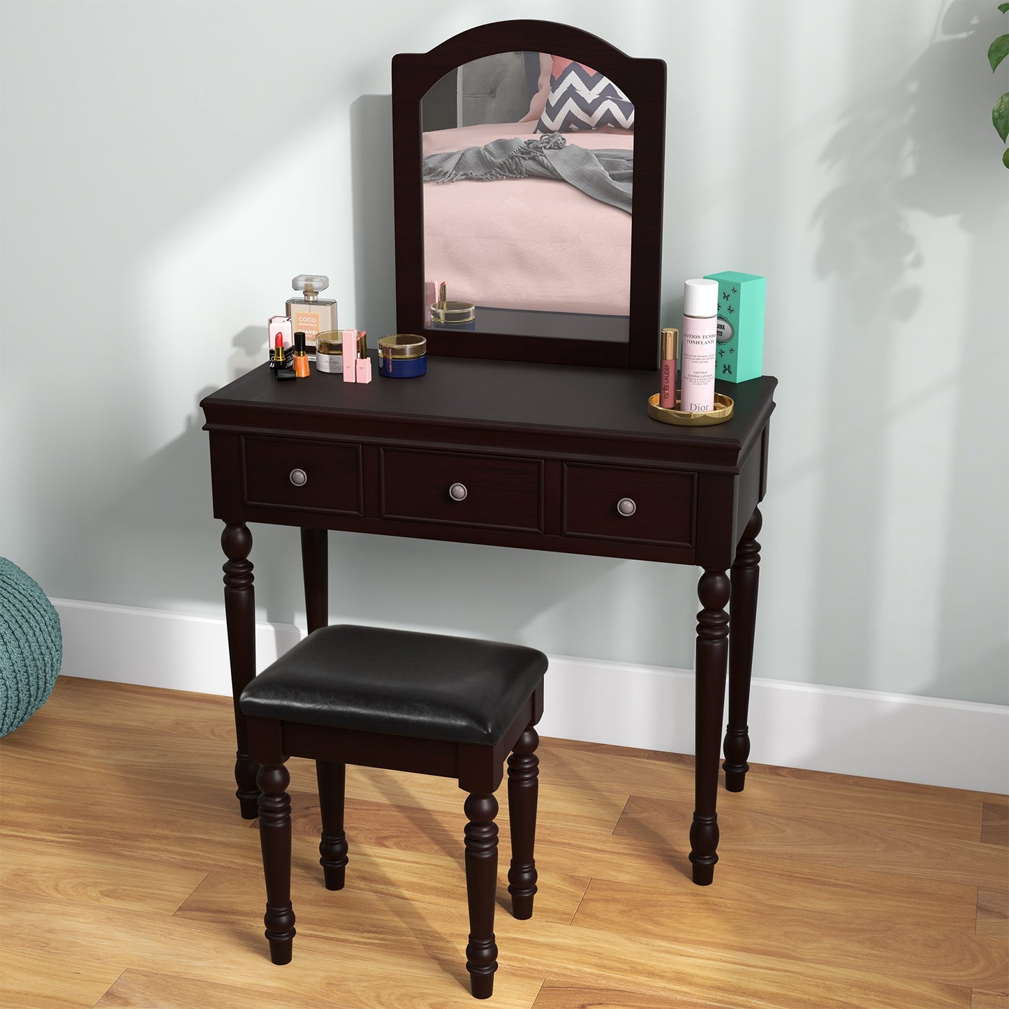 3 Drawer Makeup Vanity Table with Cushioned Stool and Removable Mirror – Walnut