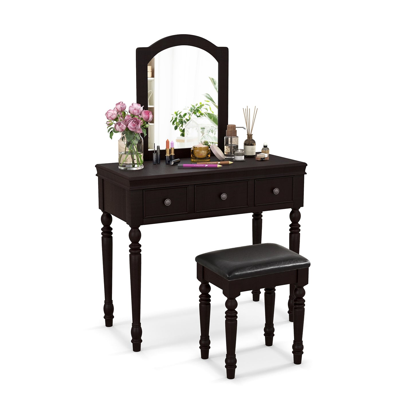 3 Drawer Makeup Vanity Table with Cushioned Stool and Removable Mirror – Walnut