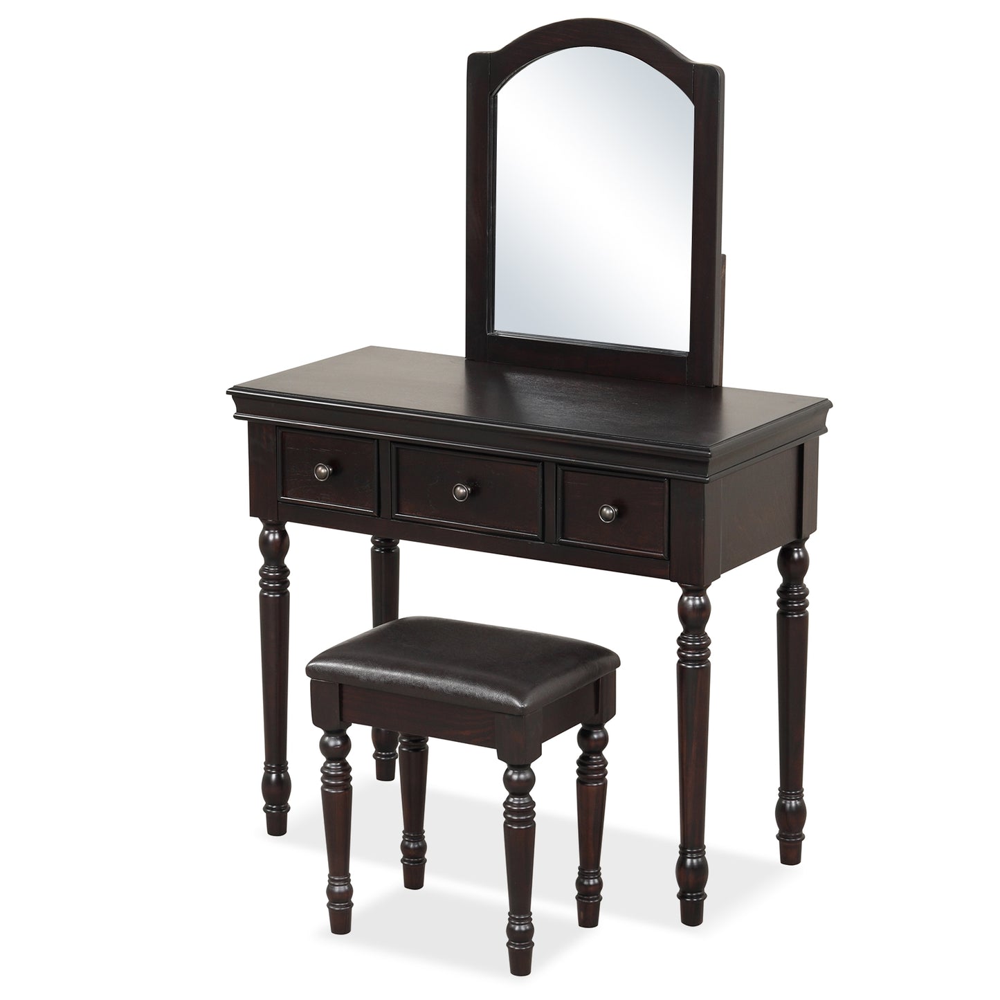3 Drawer Makeup Vanity Table with Cushioned Stool and Removable Mirror – Walnut