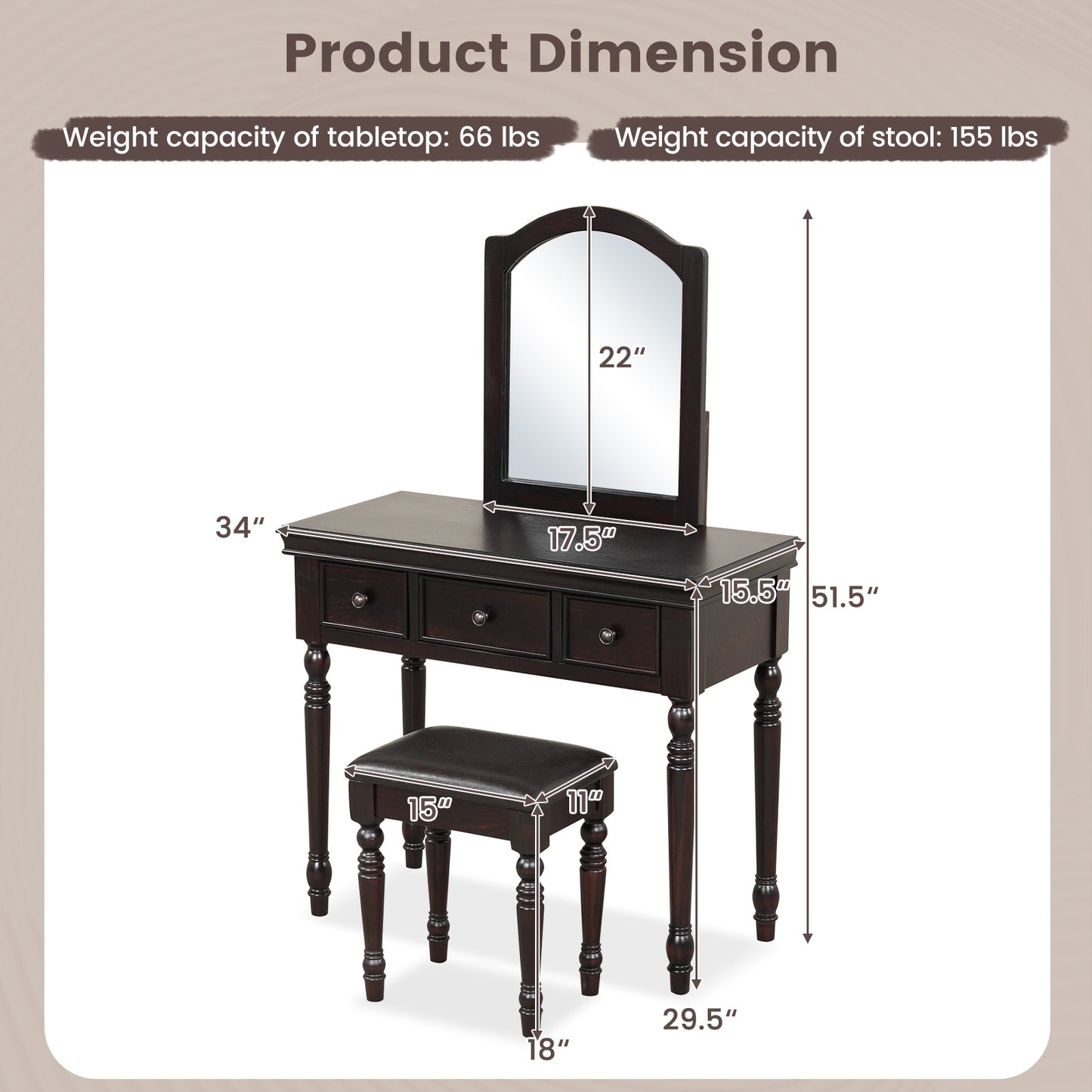 3 Drawer Makeup Vanity Table with Cushioned Stool and Removable Mirror – Walnut