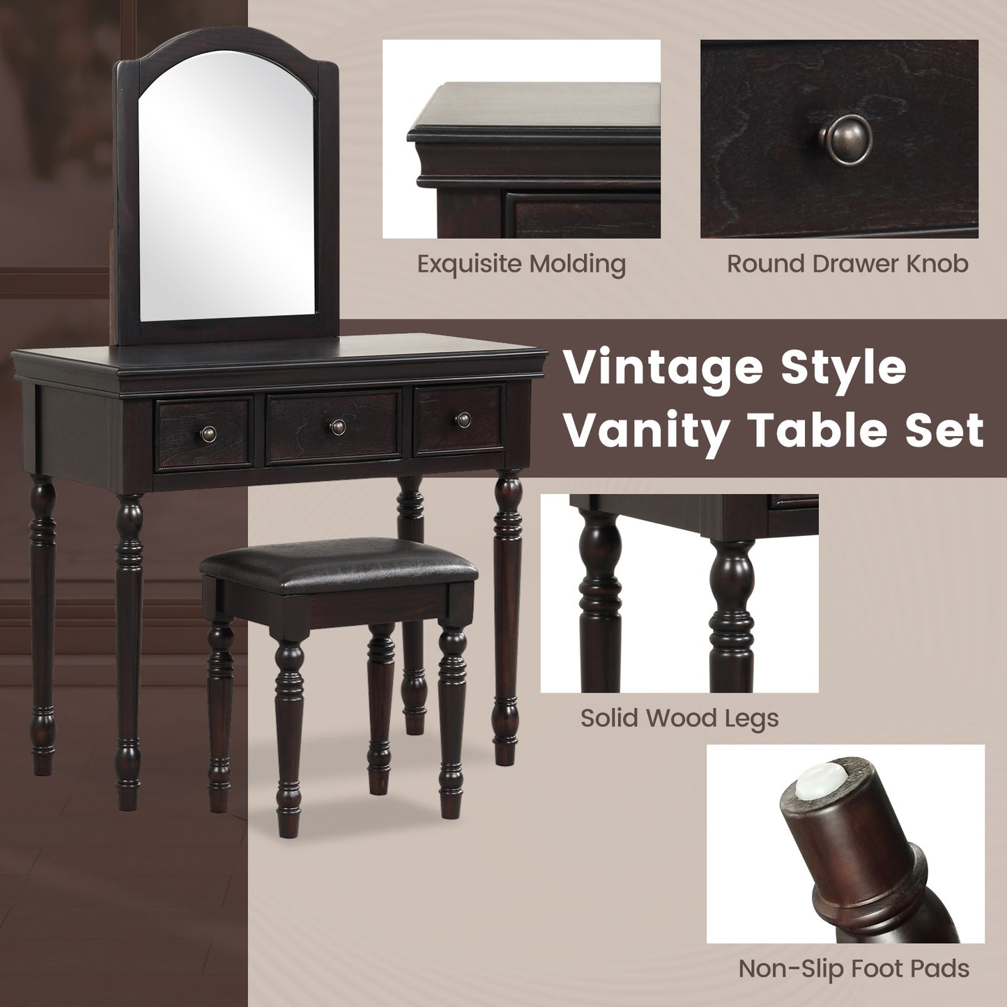 3 Drawer Makeup Vanity Table with Cushioned Stool and Removable Mirror – Walnut
