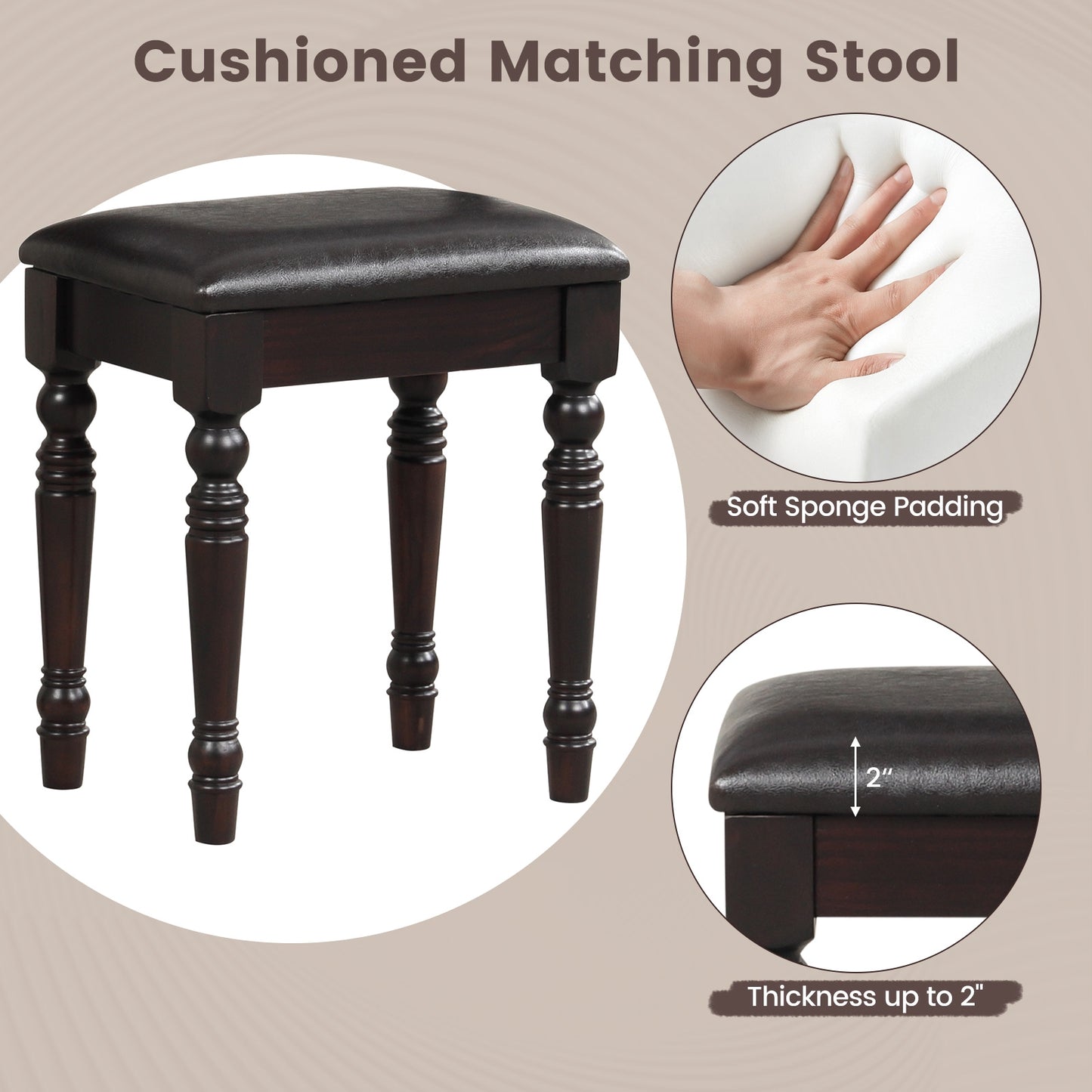 3 Drawer Makeup Vanity Table with Cushioned Stool and Removable Mirror – Walnut