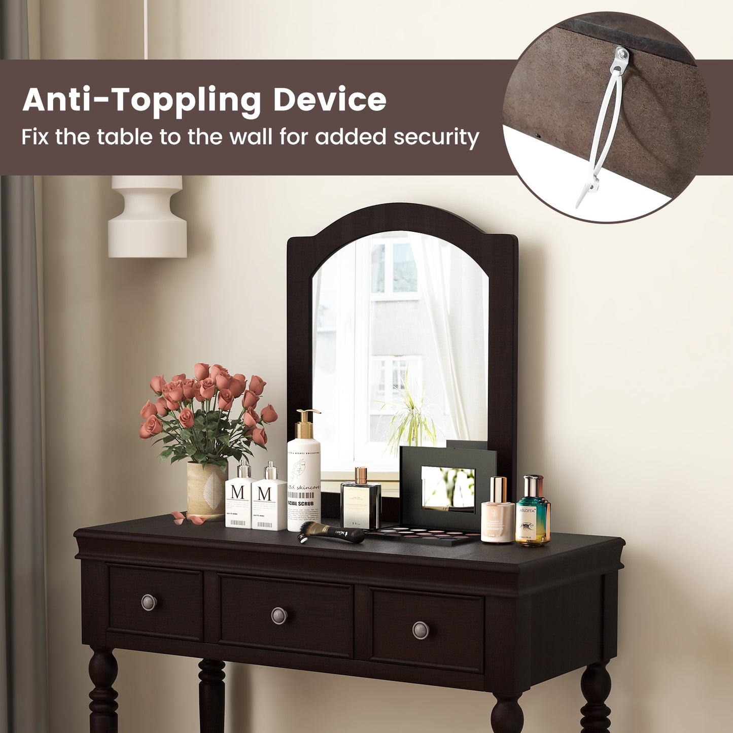 3 Drawer Makeup Vanity Table with Cushioned Stool and Removable Mirror – Walnut