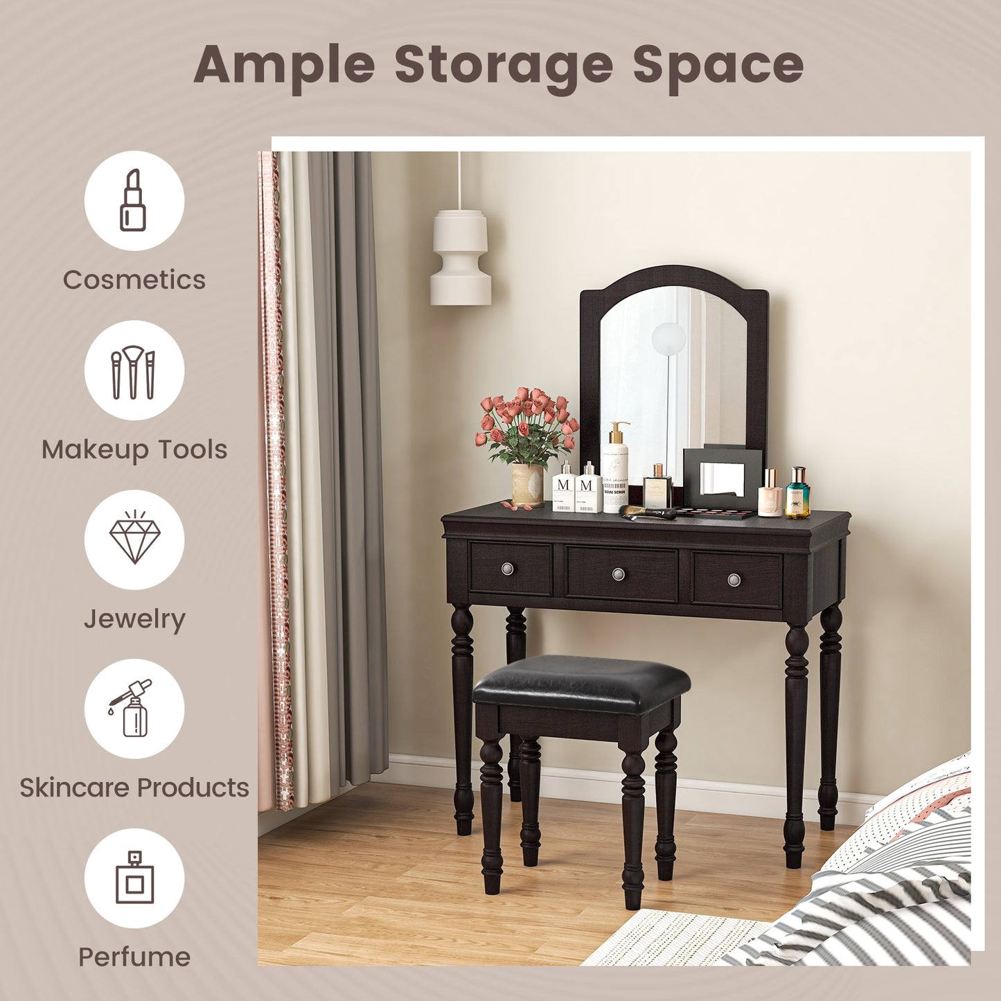 3 Drawer Makeup Vanity Table with Cushioned Stool and Removable Mirror – Walnut