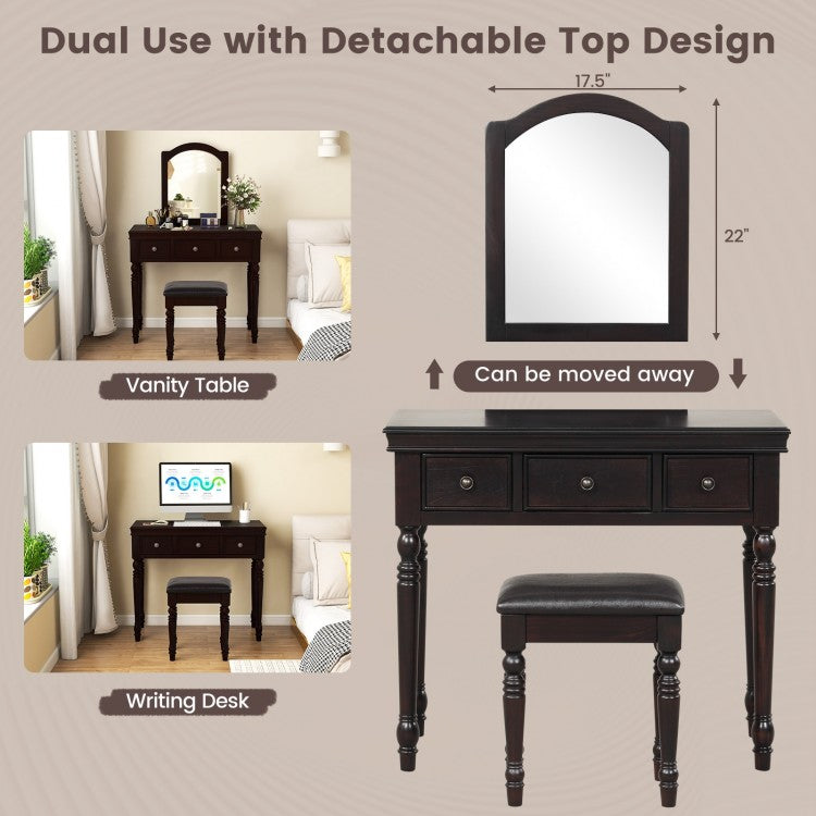 3 Drawer Makeup Vanity Table with Cushioned Stool and Removable Mirror – Walnut
