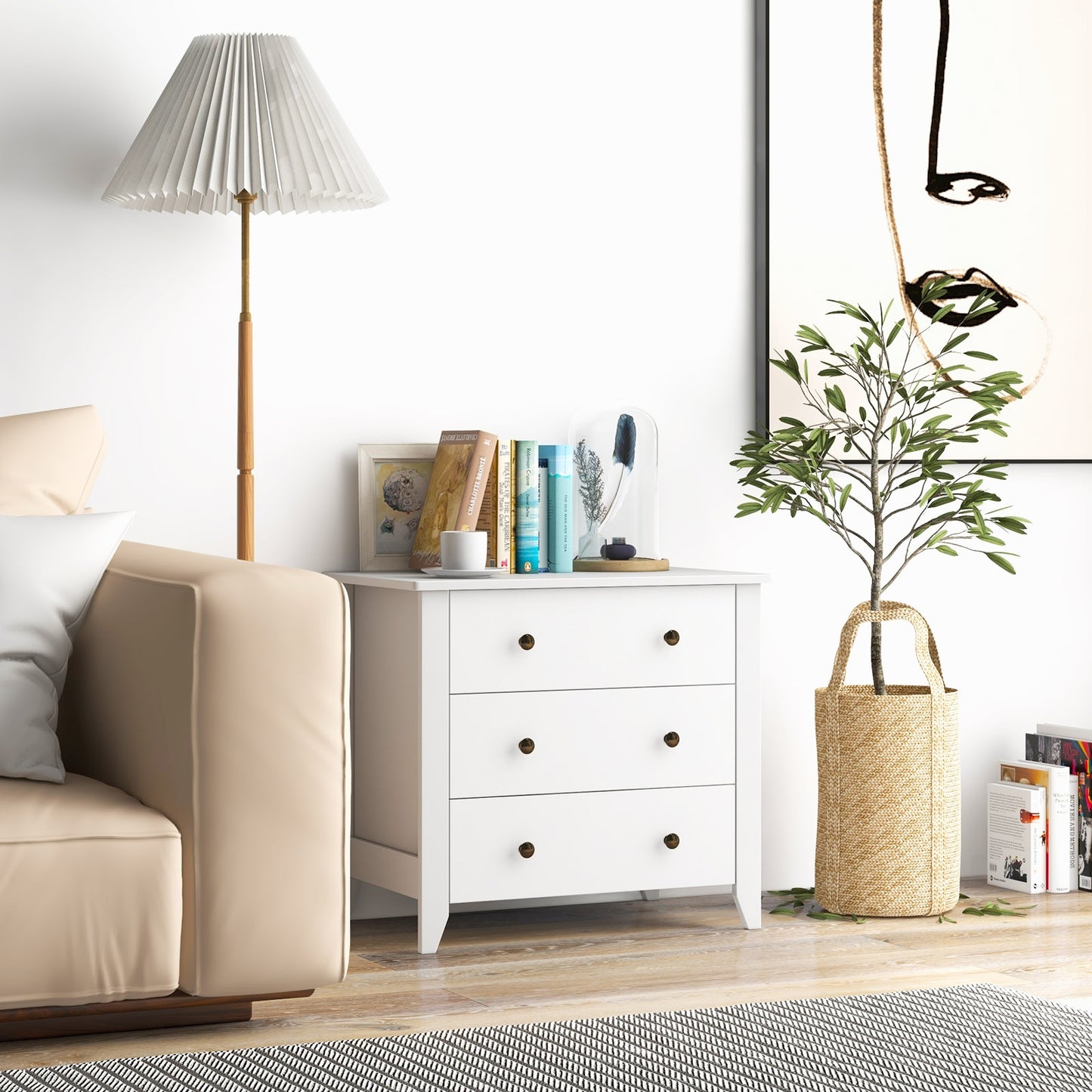 3-Drawer Storage Dresser Chest, Compact Bedside Table with Organizational Drawers – White