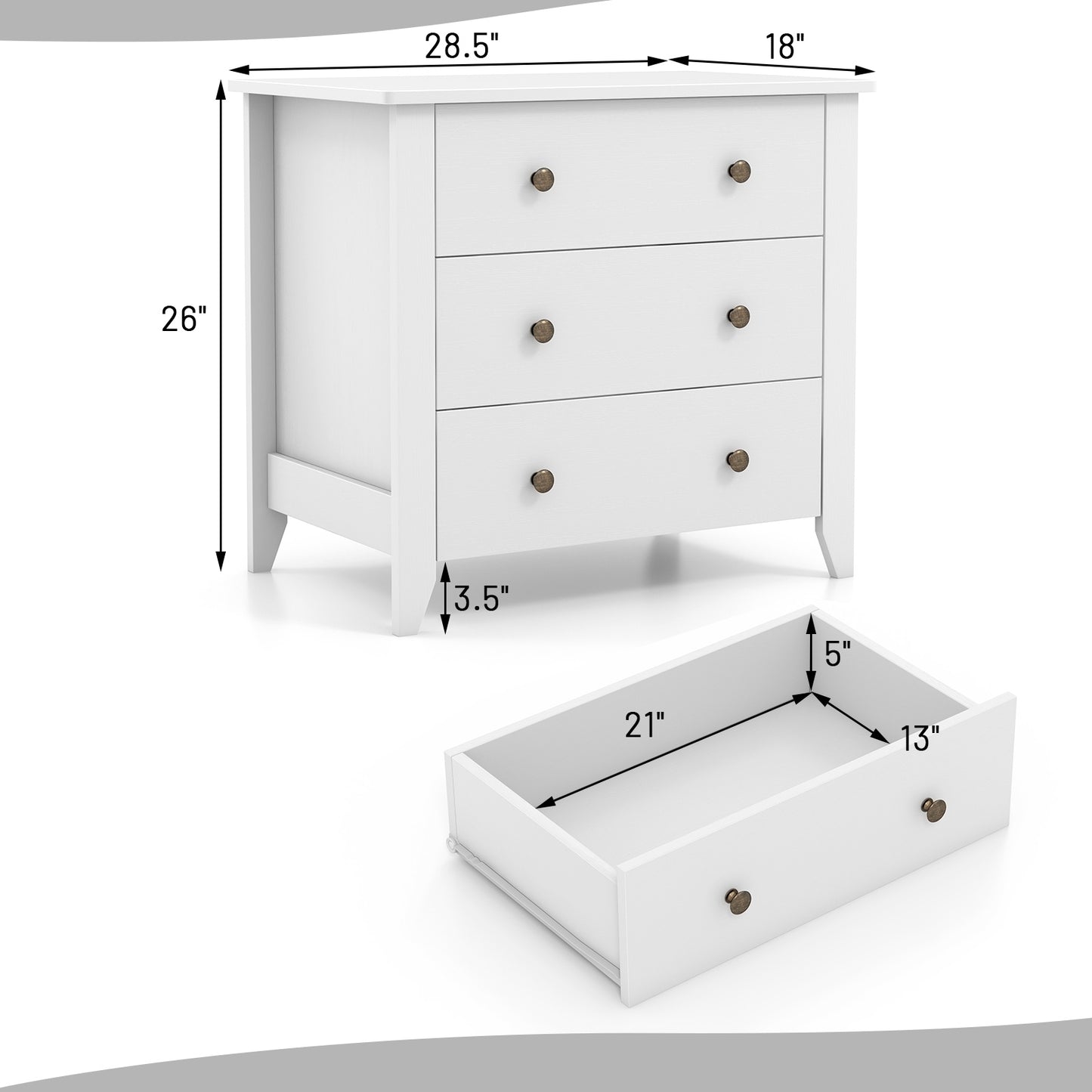 3-Drawer Storage Dresser Chest, Compact Bedside Table with Organizational Drawers – White