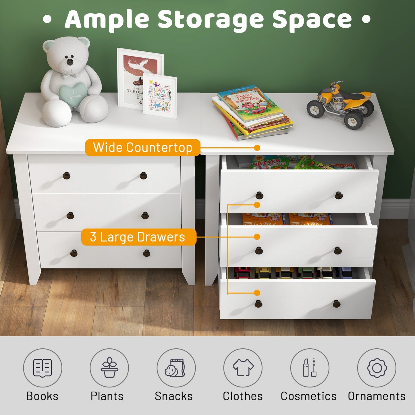 3-Drawer Storage Dresser Chest, Compact Bedside Table with Organizational Drawers – White