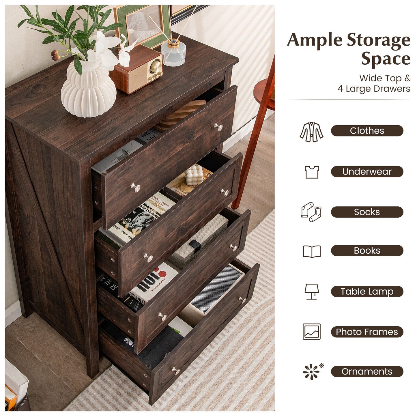 Modern 4 Drawer Storage Dresser with Spacious Drawers for Bedroom Living Room Nursery Closet