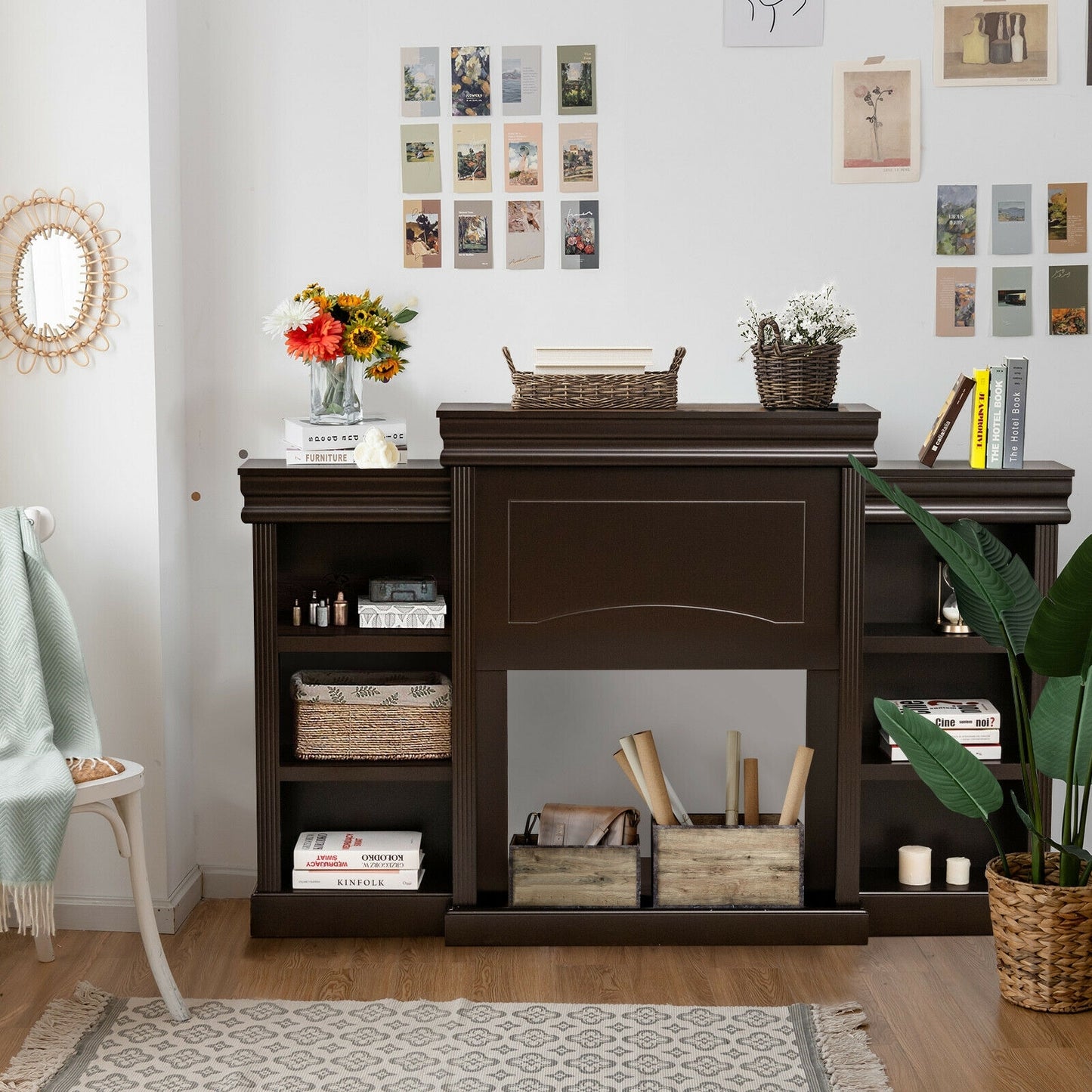 Contemporary TV Stand with Open Bookcase and Fireplace Cabinet for 40 Inch TVs – Brown