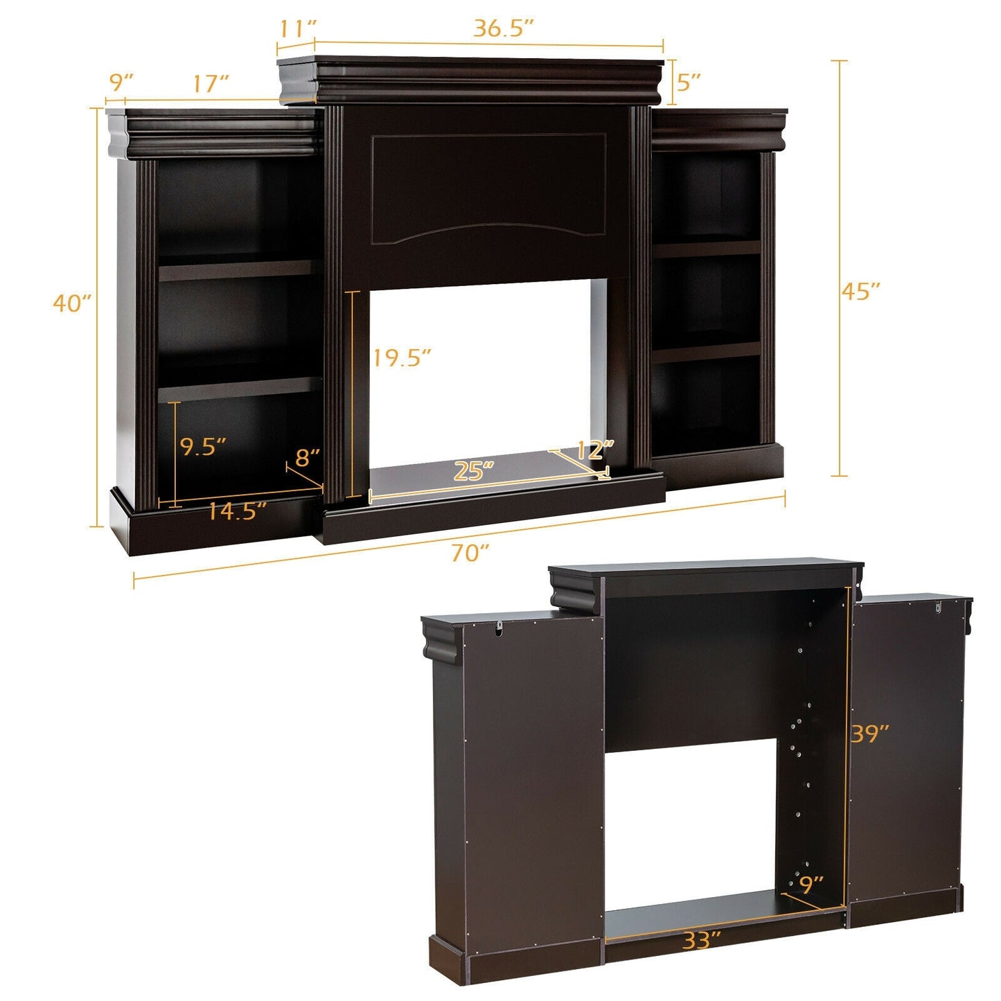 Contemporary TV Stand with Open Bookcase and Fireplace Cabinet for 40 Inch TVs – Brown