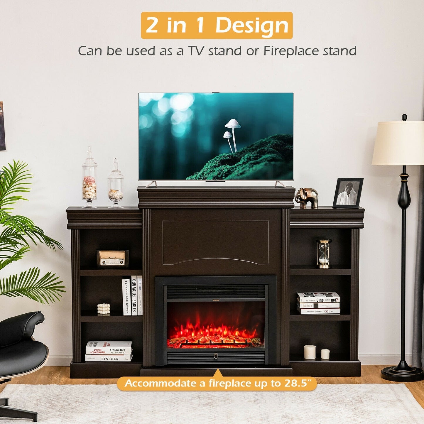 Contemporary TV Stand with Open Bookcase and Fireplace Cabinet for 40 Inch TVs – Brown