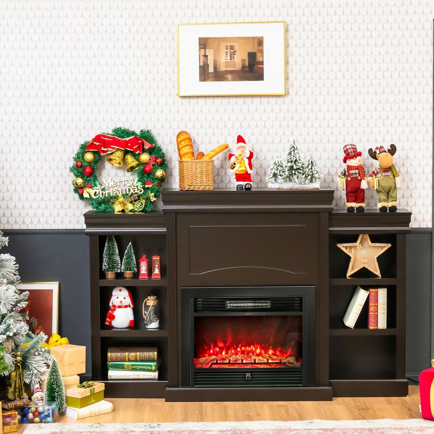 Contemporary TV Stand with Open Bookcase and Fireplace Cabinet for 40 Inch TVs – Brown