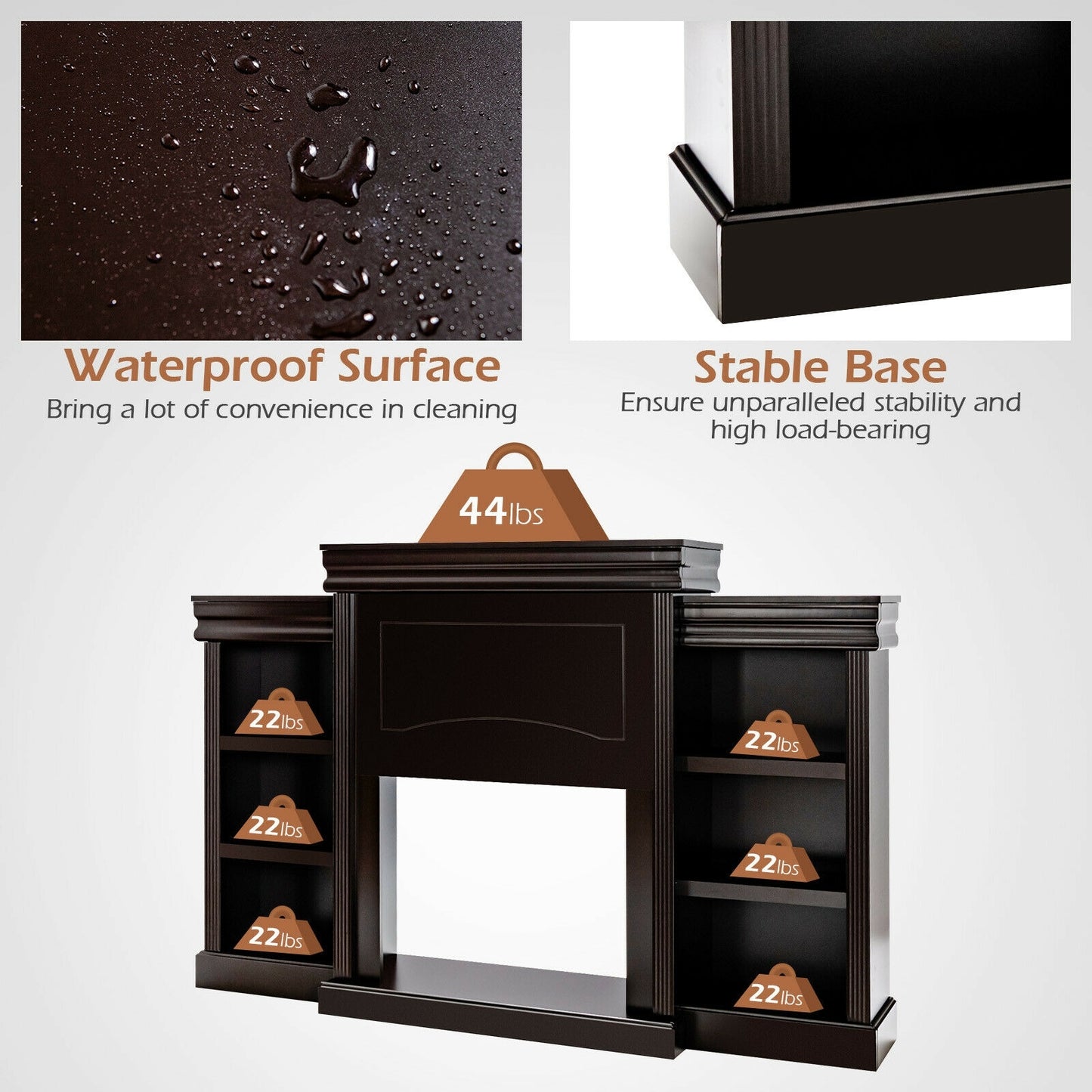 Contemporary TV Stand with Open Bookcase and Fireplace Cabinet for 40 Inch TVs – Brown