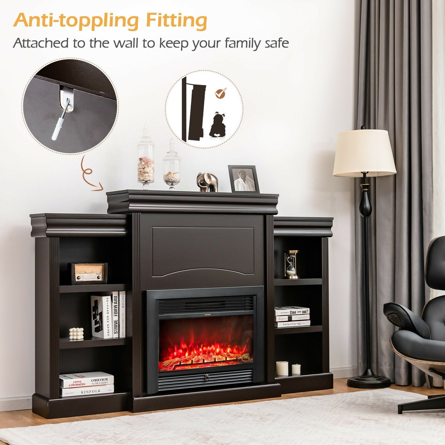 Contemporary TV Stand with Open Bookcase and Fireplace Cabinet for 40 Inch TVs – Brown