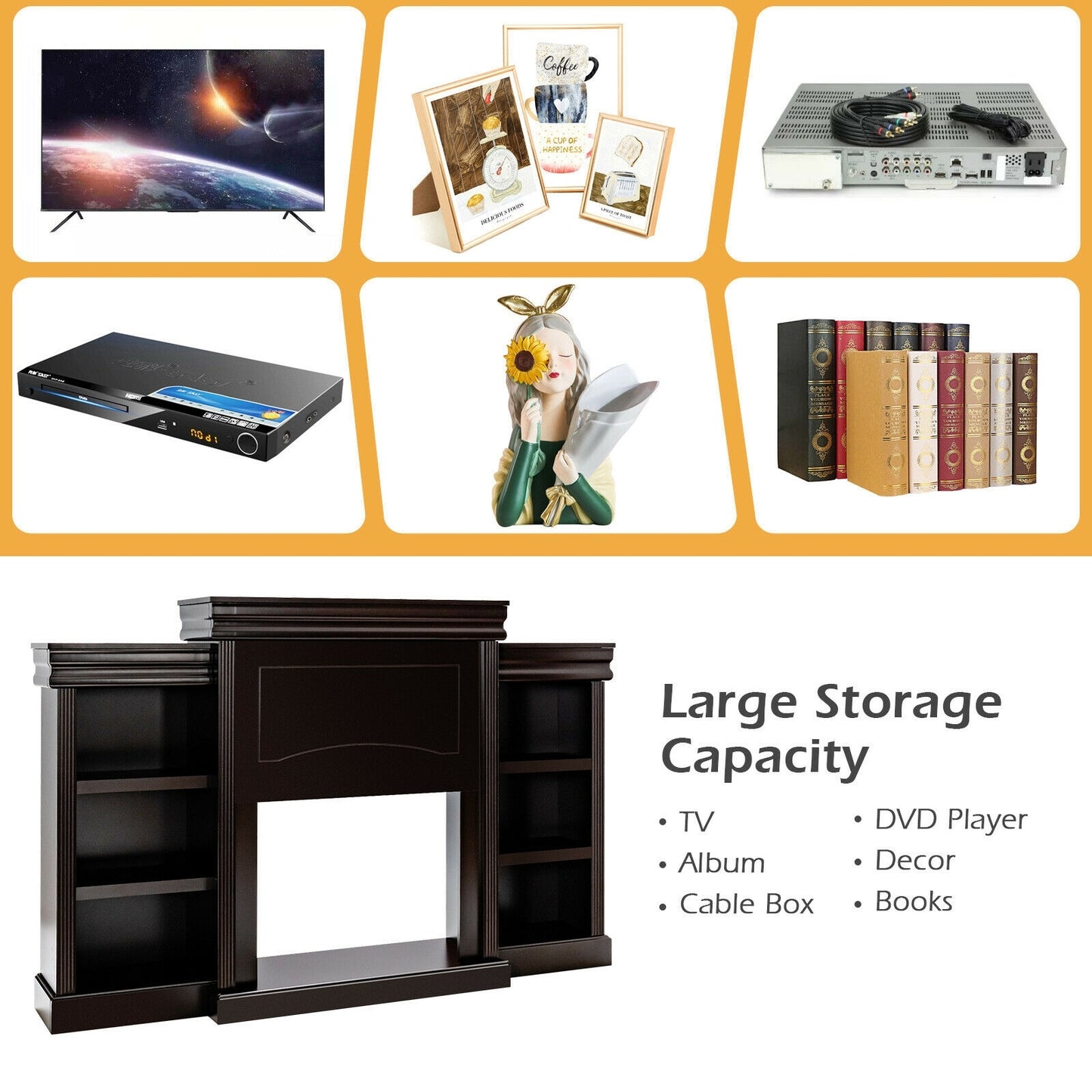 Contemporary TV Stand with Open Bookcase and Fireplace Cabinet for 40 Inch TVs – Brown