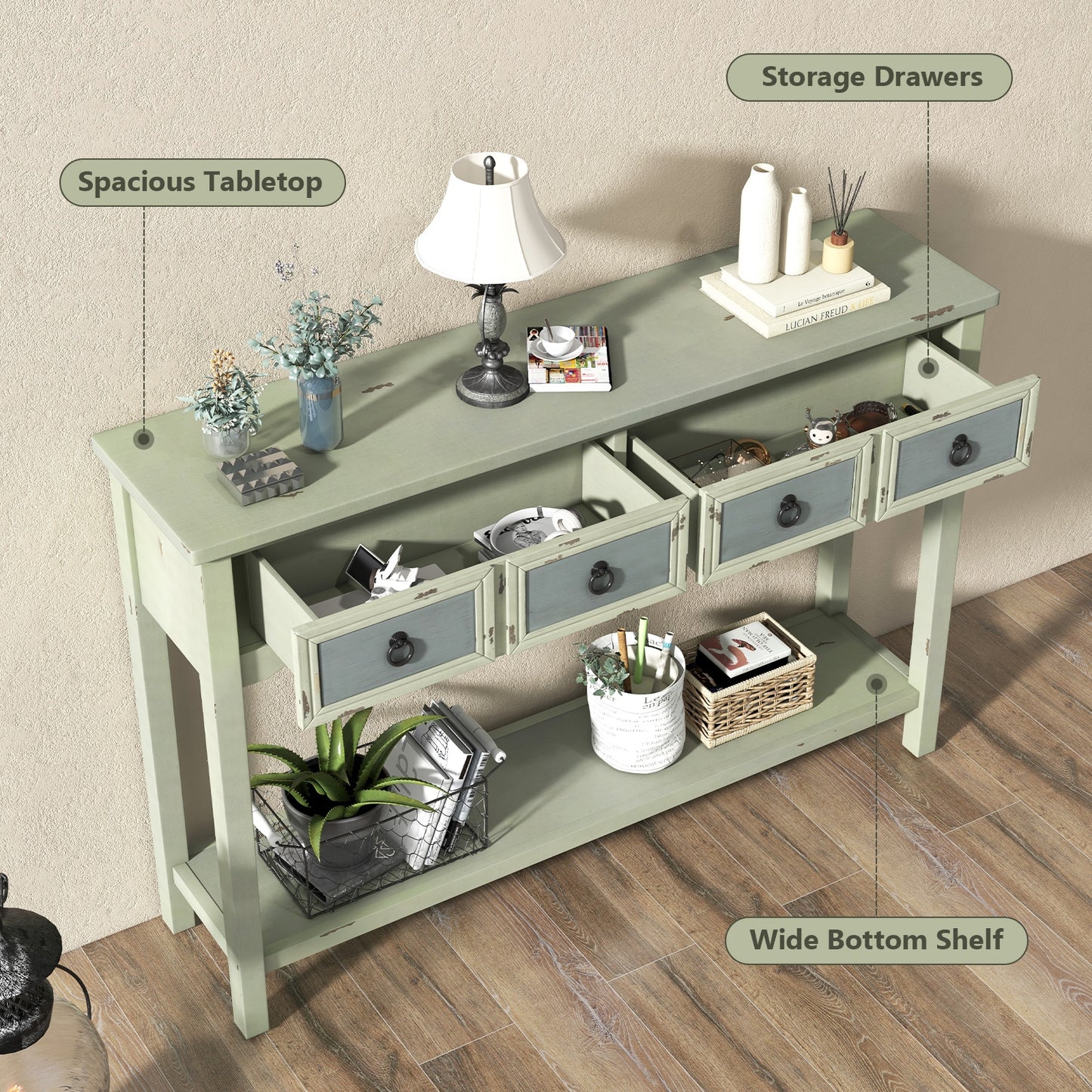 Classic Entryway Table with Two Storage Drawers and Open Shelf 48 Inch Farmhouse Look