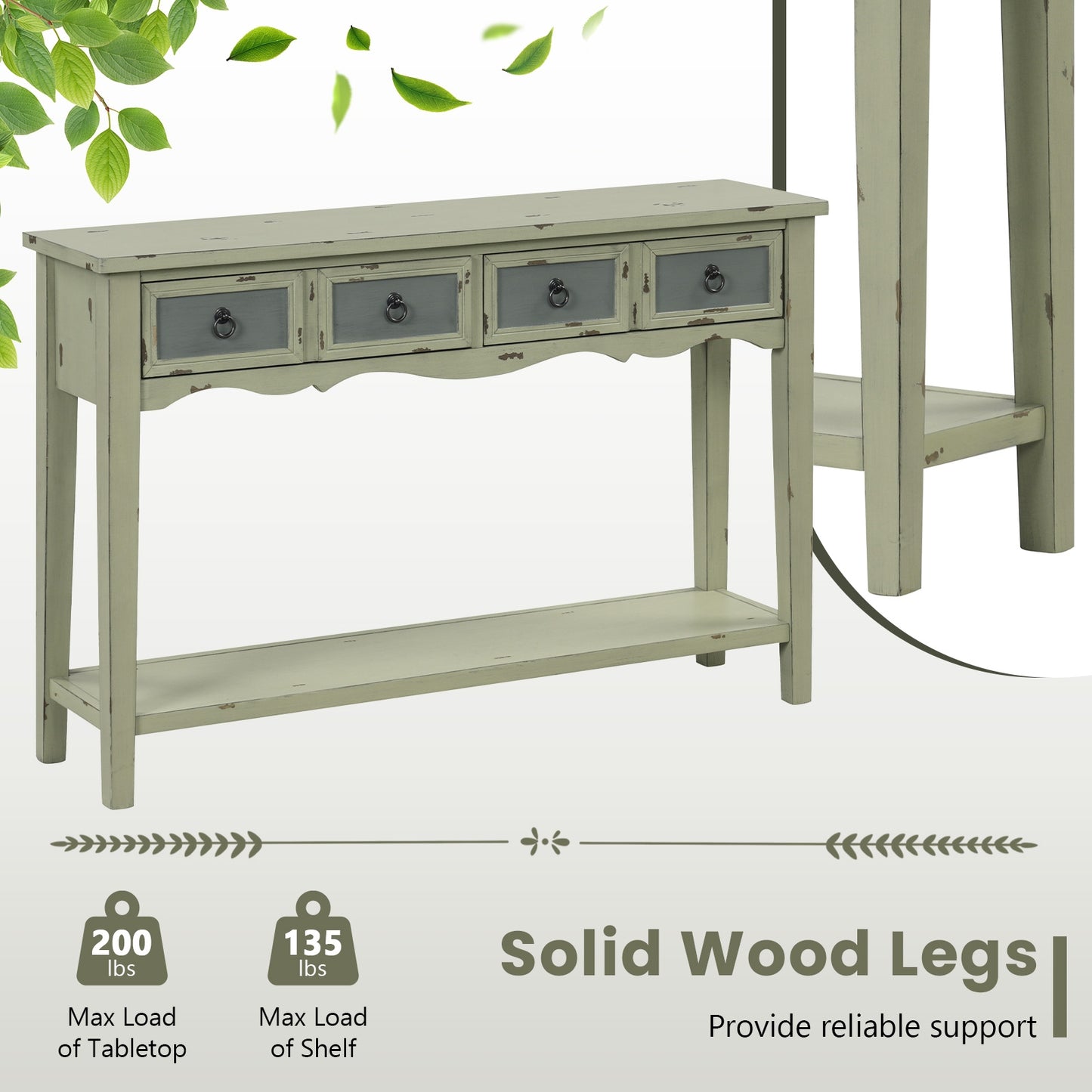 Classic Entryway Table with Two Storage Drawers and Open Shelf 48 Inch Farmhouse Look