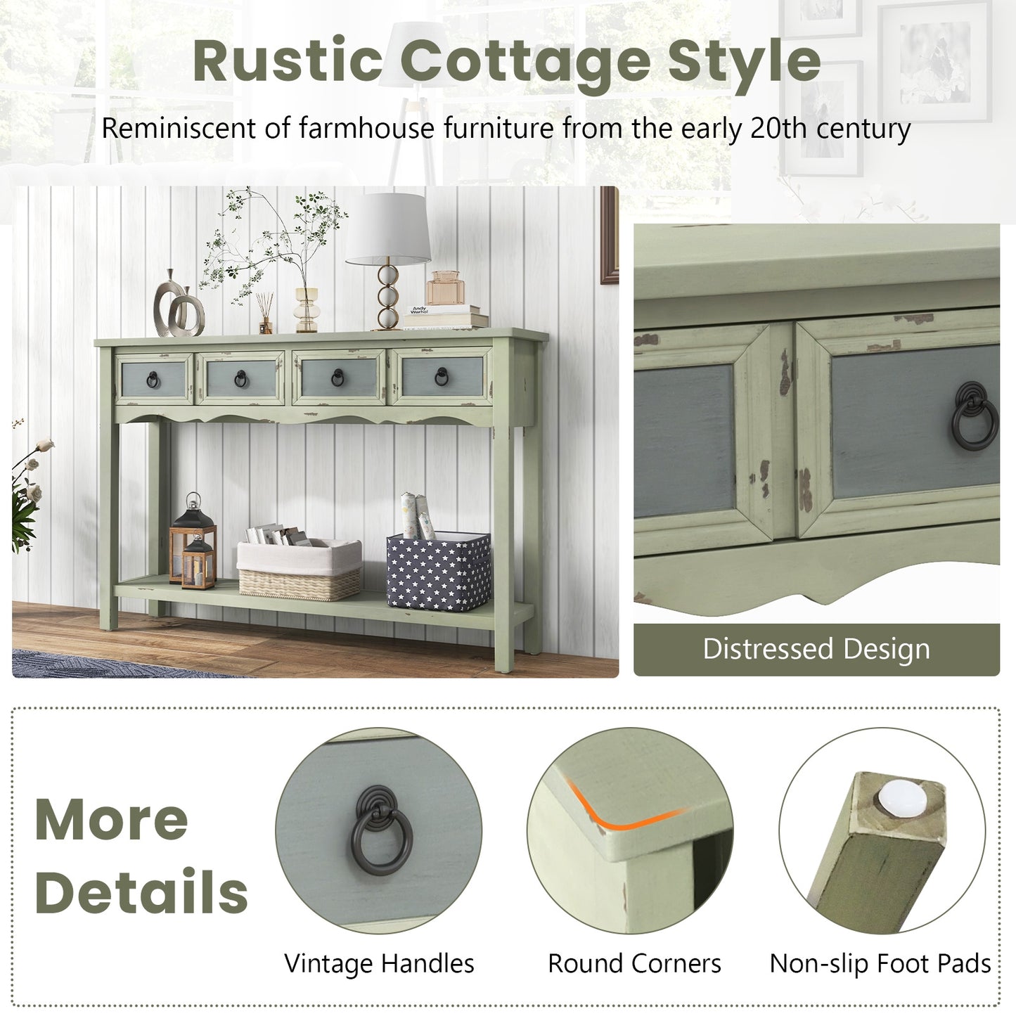 Classic Entryway Table with Two Storage Drawers and Open Shelf 48 Inch Farmhouse Look