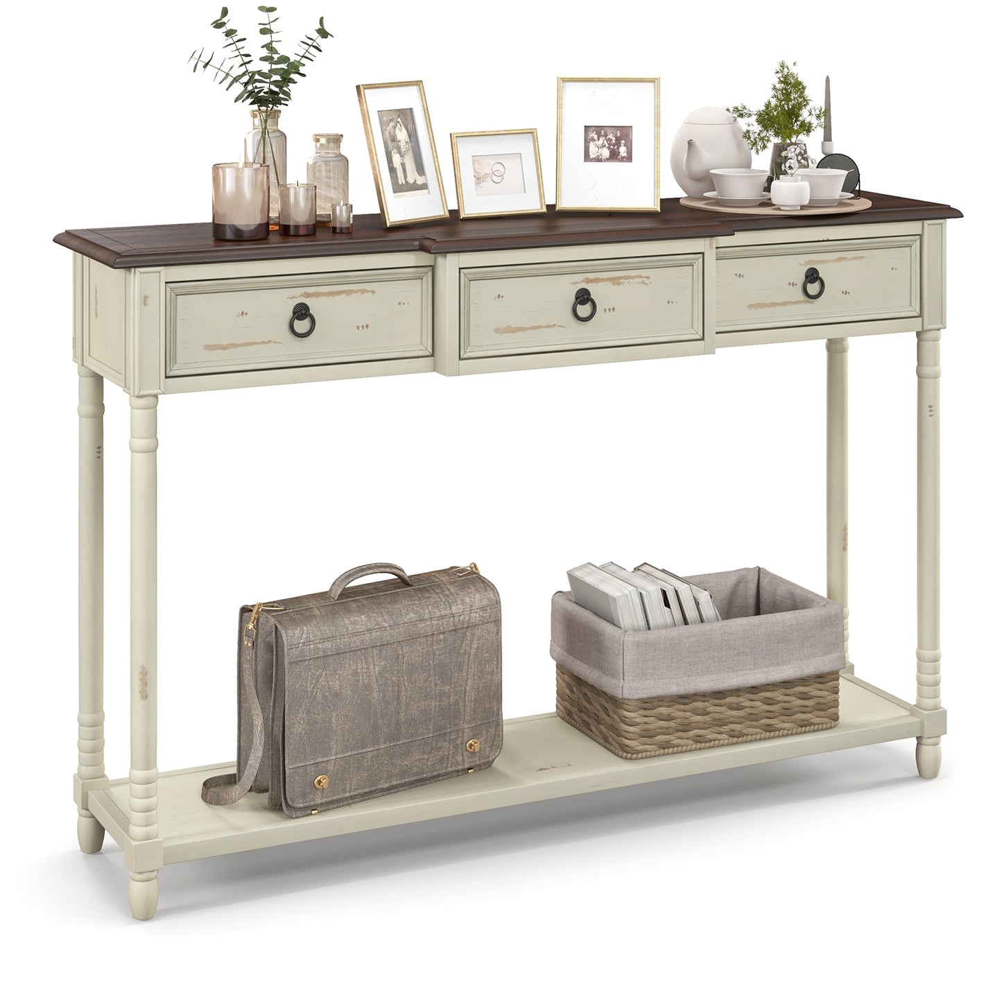Vintage Inspired Hallway Console Table with Storage Drawers and Open Shelf