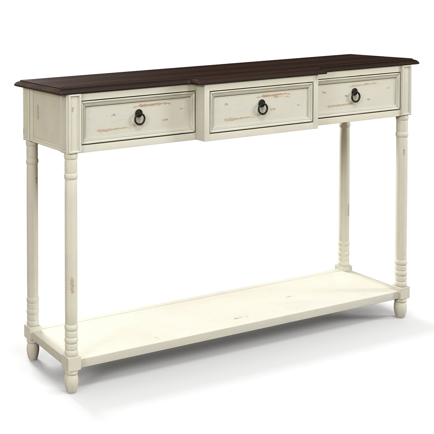 Vintage Inspired Hallway Console Table with Storage Drawers and Open Shelf