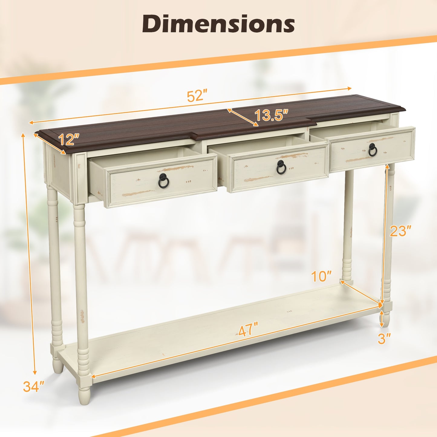 Vintage Inspired Hallway Console Table with Storage Drawers and Open Shelf