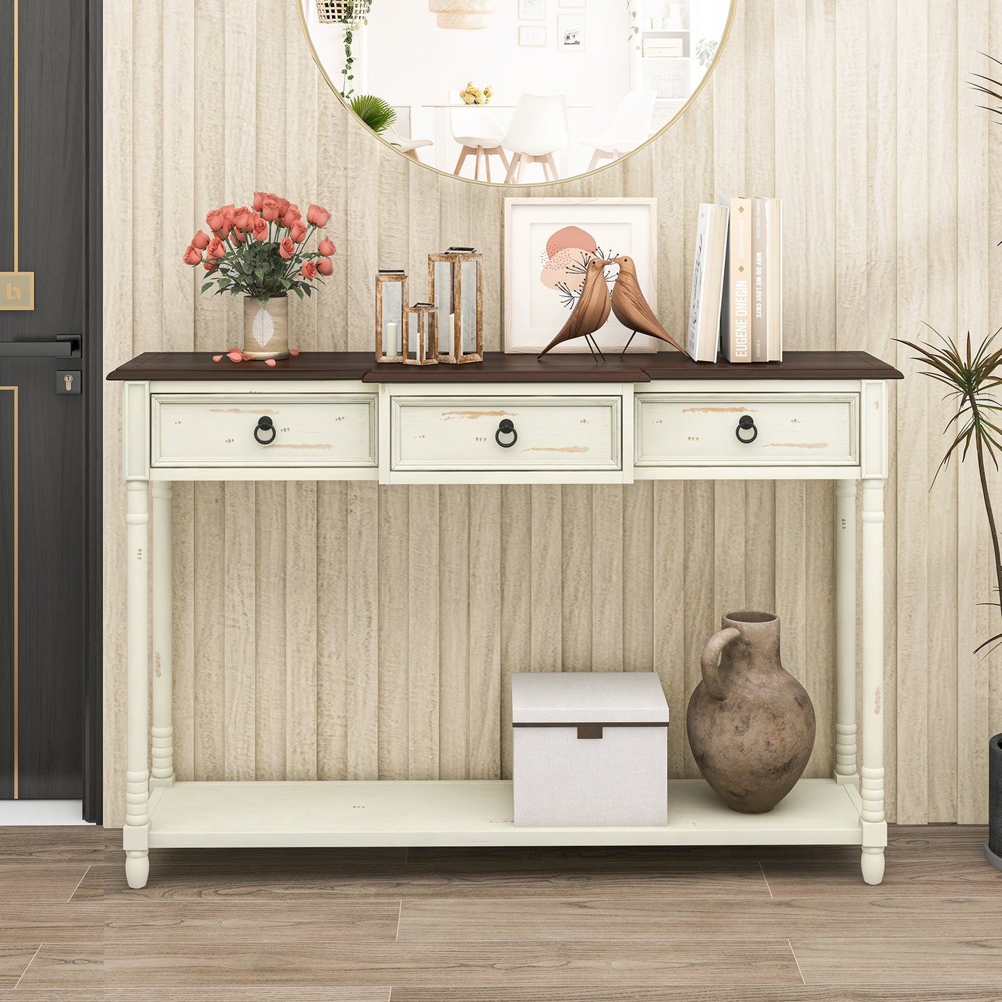 Vintage Inspired Hallway Console Table with Storage Drawers and Open Shelf