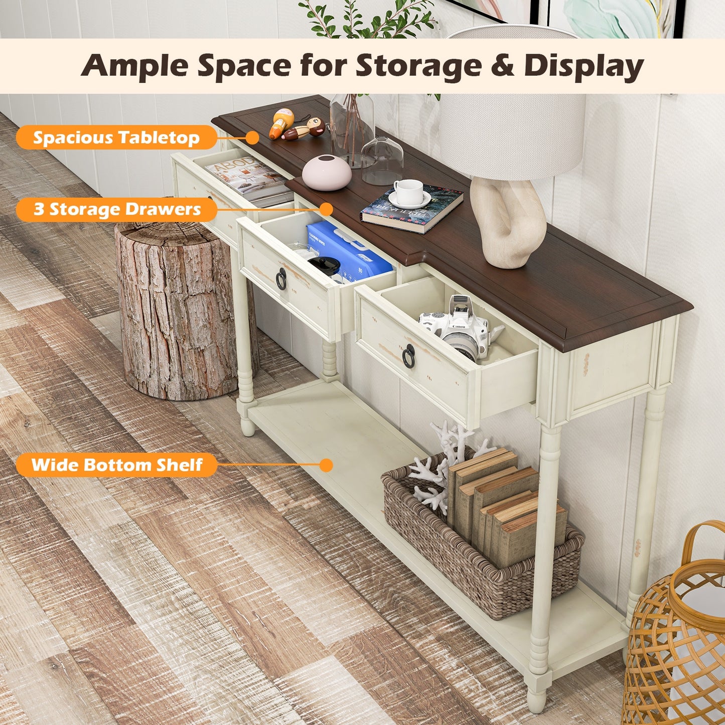 Vintage Inspired Hallway Console Table with Storage Drawers and Open Shelf