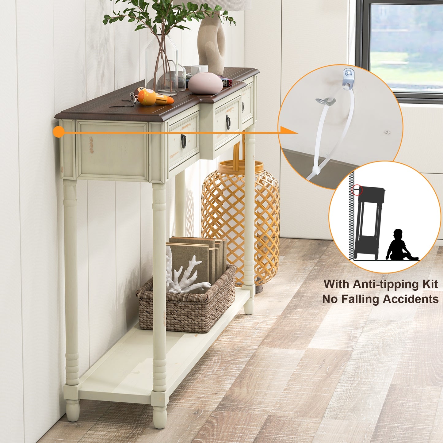 Vintage Inspired Hallway Console Table with Storage Drawers and Open Shelf