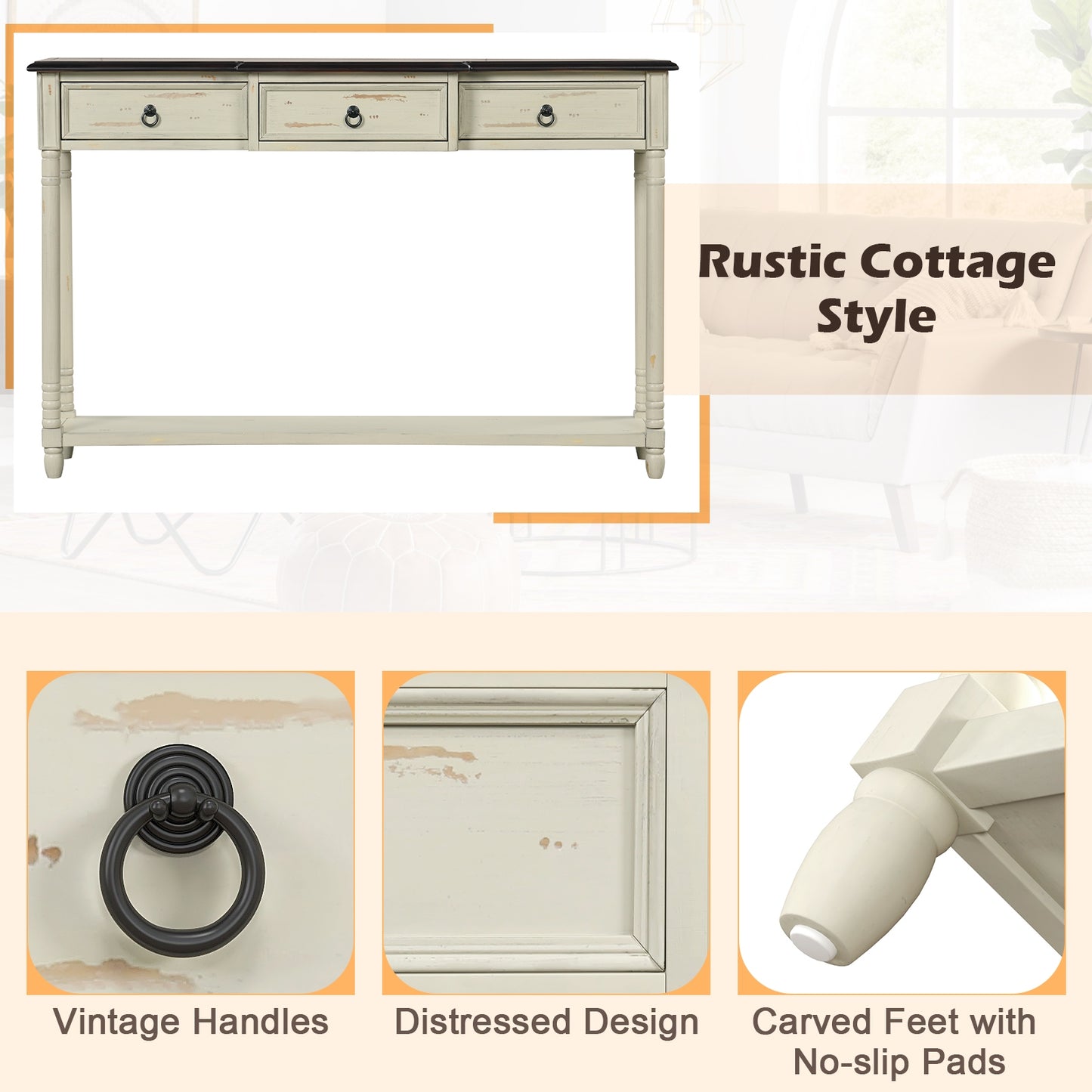Vintage Inspired Hallway Console Table with Storage Drawers and Open Shelf