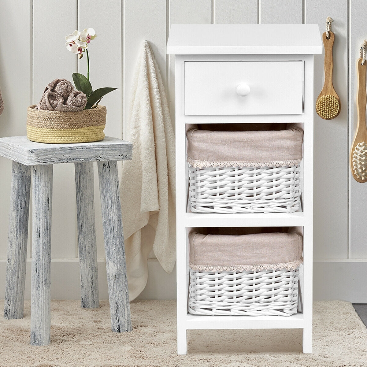 Set of 2 White Bedside Tables with Drawer and Wicker Storage Baskets