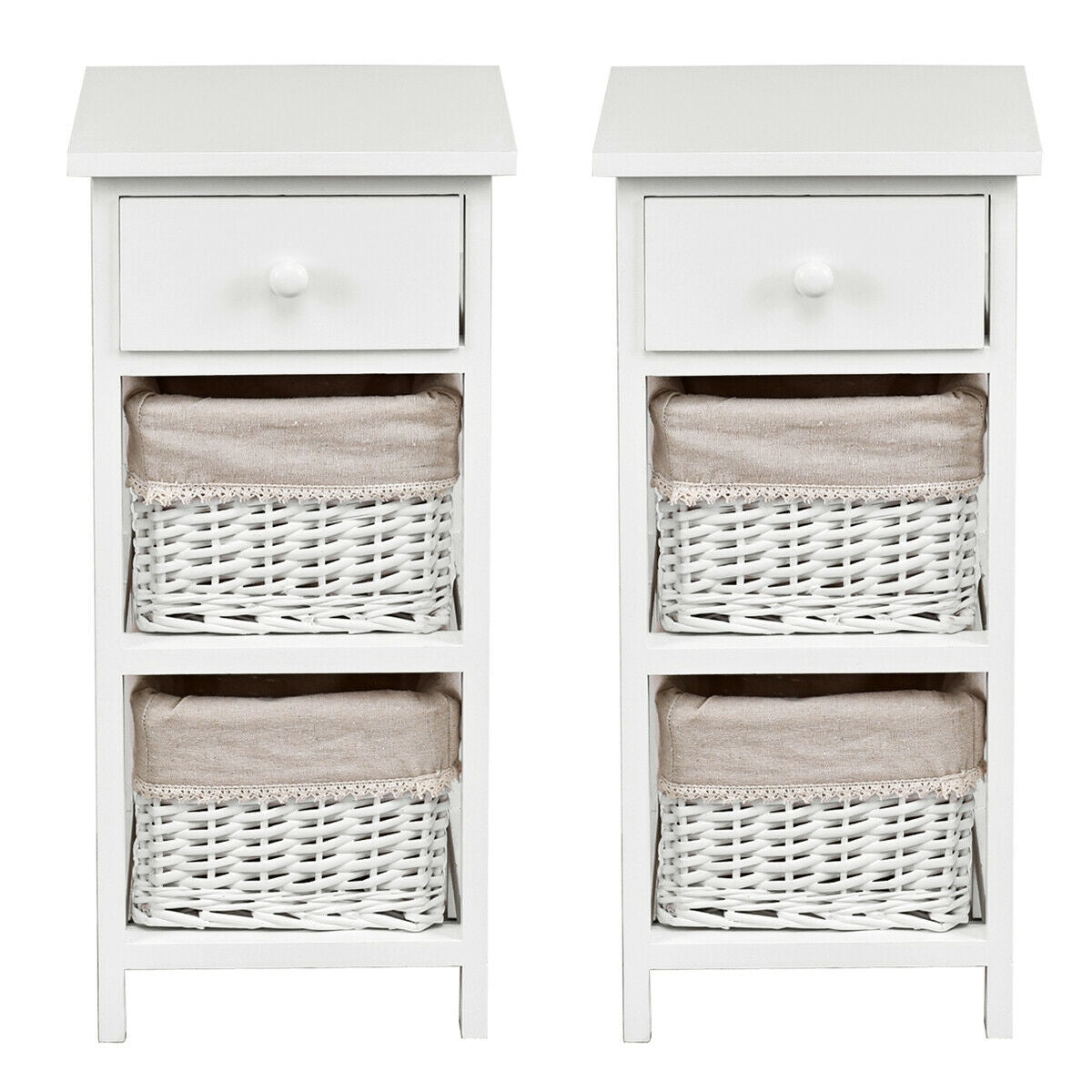 Set of 2 White Bedside Tables with Drawer and Wicker Storage Baskets