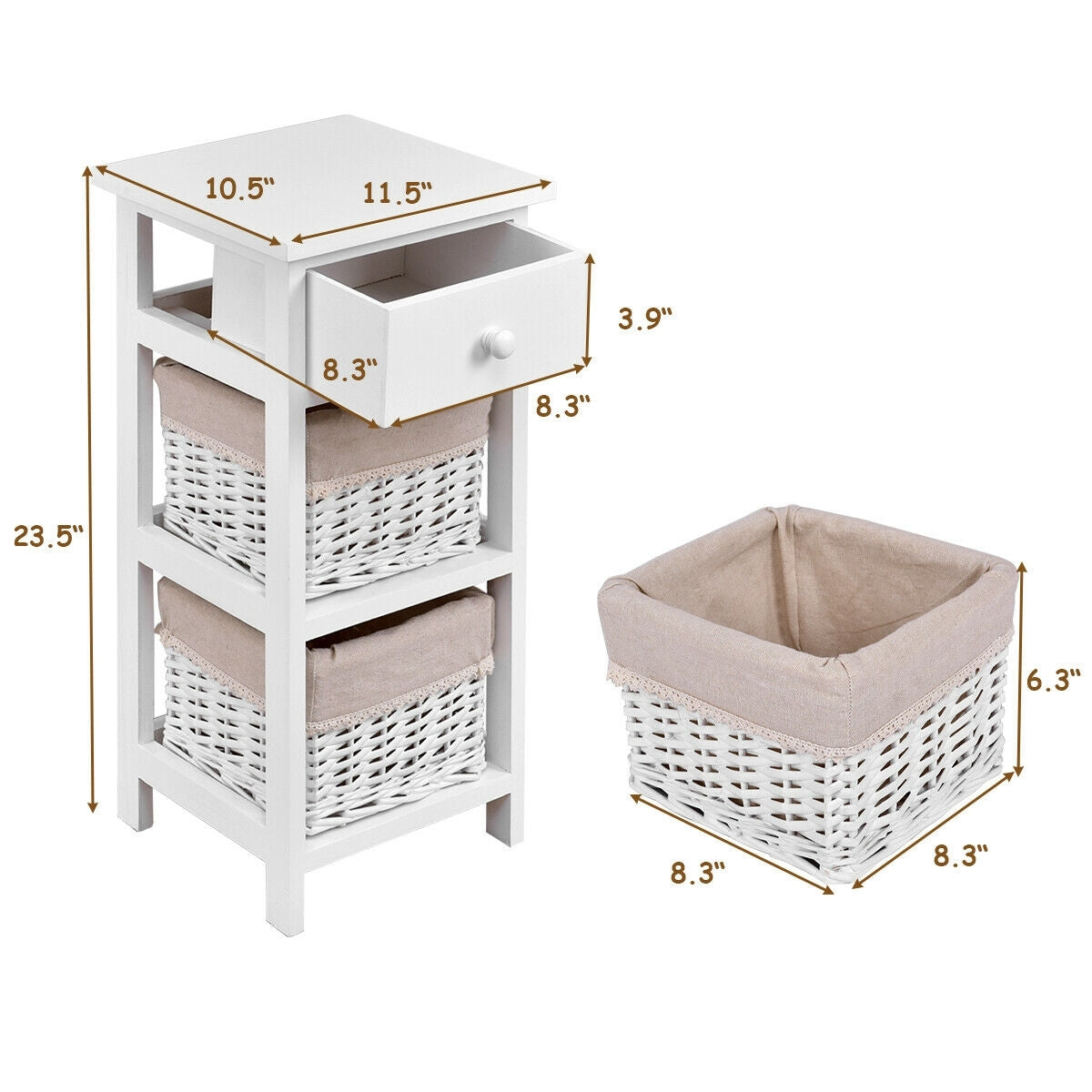 Set of 2 White Bedside Tables with Drawer and Wicker Storage Baskets