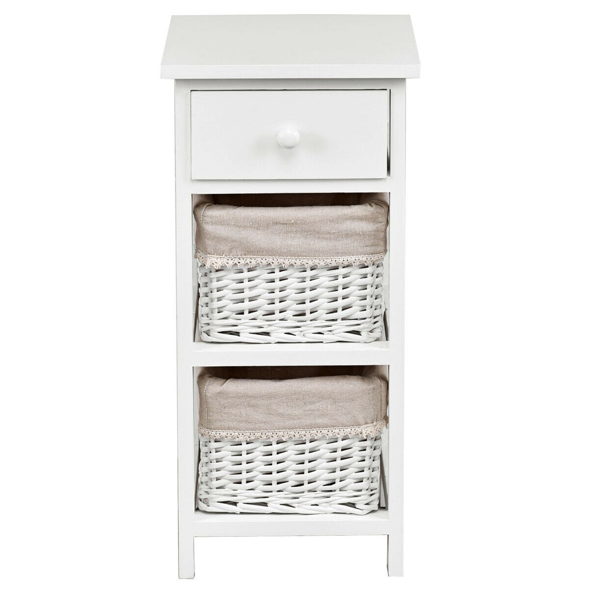 Set of 2 White Bedside Tables with Drawer and Wicker Storage Baskets