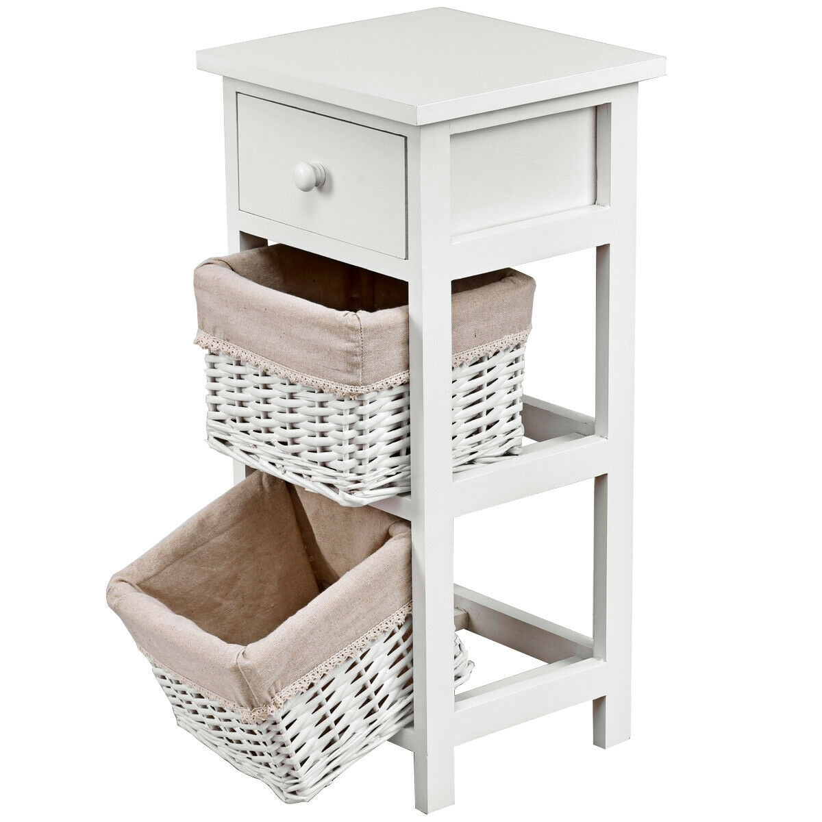 Set of 2 White Bedside Tables with Drawer and Wicker Storage Baskets